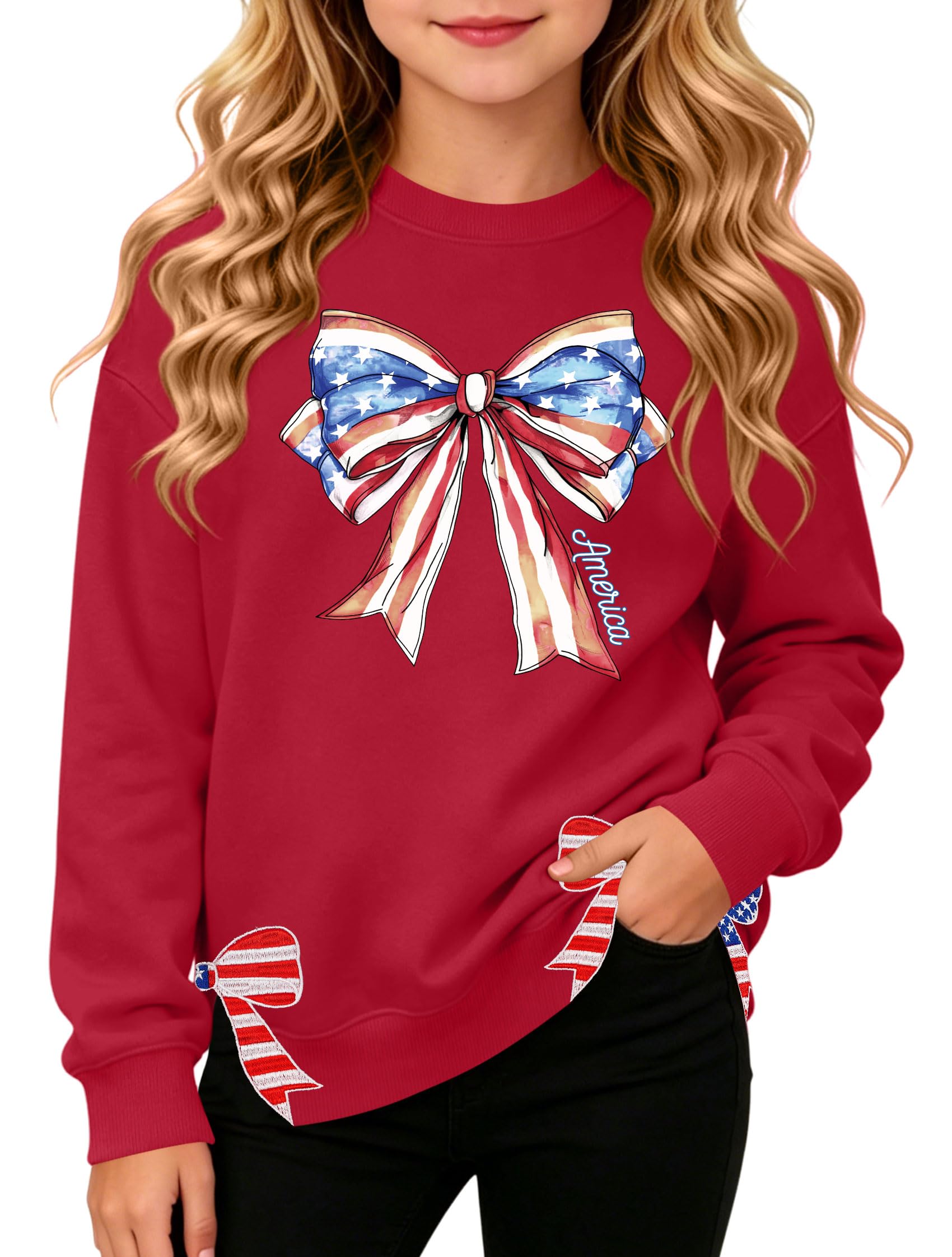 Ithalt Kids USA Sweatshirt Boys Girls 4th of July Shirt American Patriotic Pullover with Embroidered Side Slits 5-14y