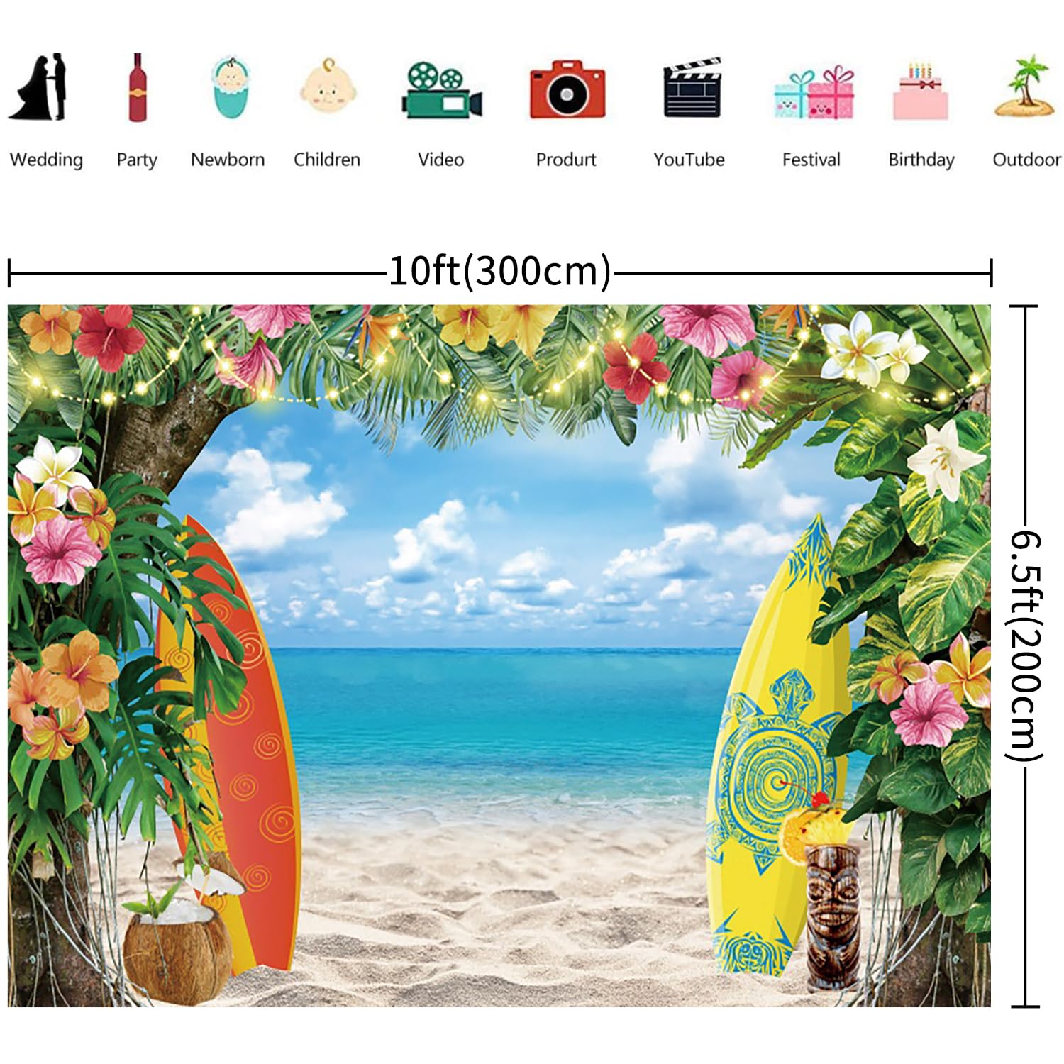 3x2m Sfondo Spiaggia estate hawaiano tropicale foglie di palma fiori tavola da surf cielo blu fotografia sfondo matrimonio baby shower compleanno Luau Party decorazione Photo Booth Props