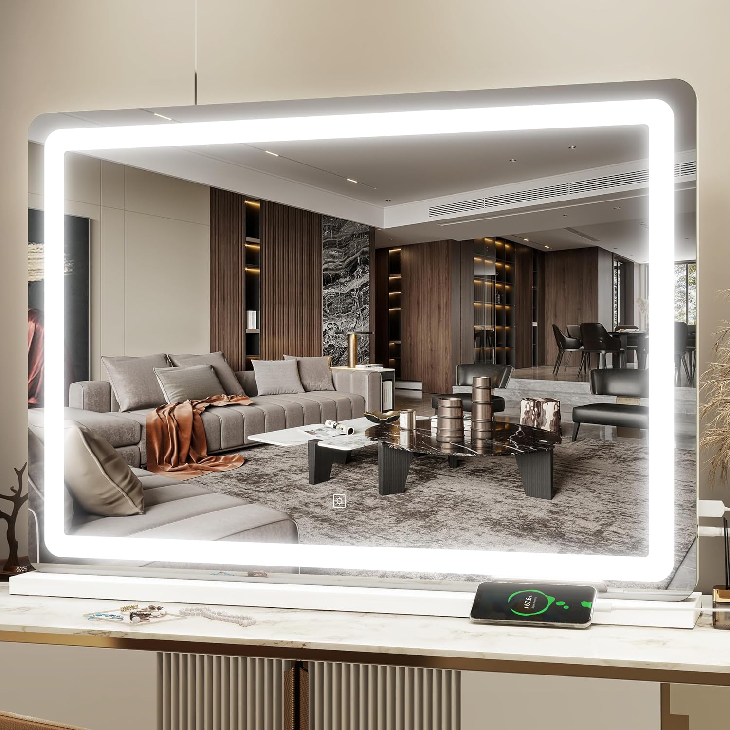 HNV 31"x21" Lighted Vanity Mirror with Lights  Large Makeup Mirror, 3-Color Dimmable LED, Touch Screen, USB Charging Port, Tabletop or Wall Mount (White)