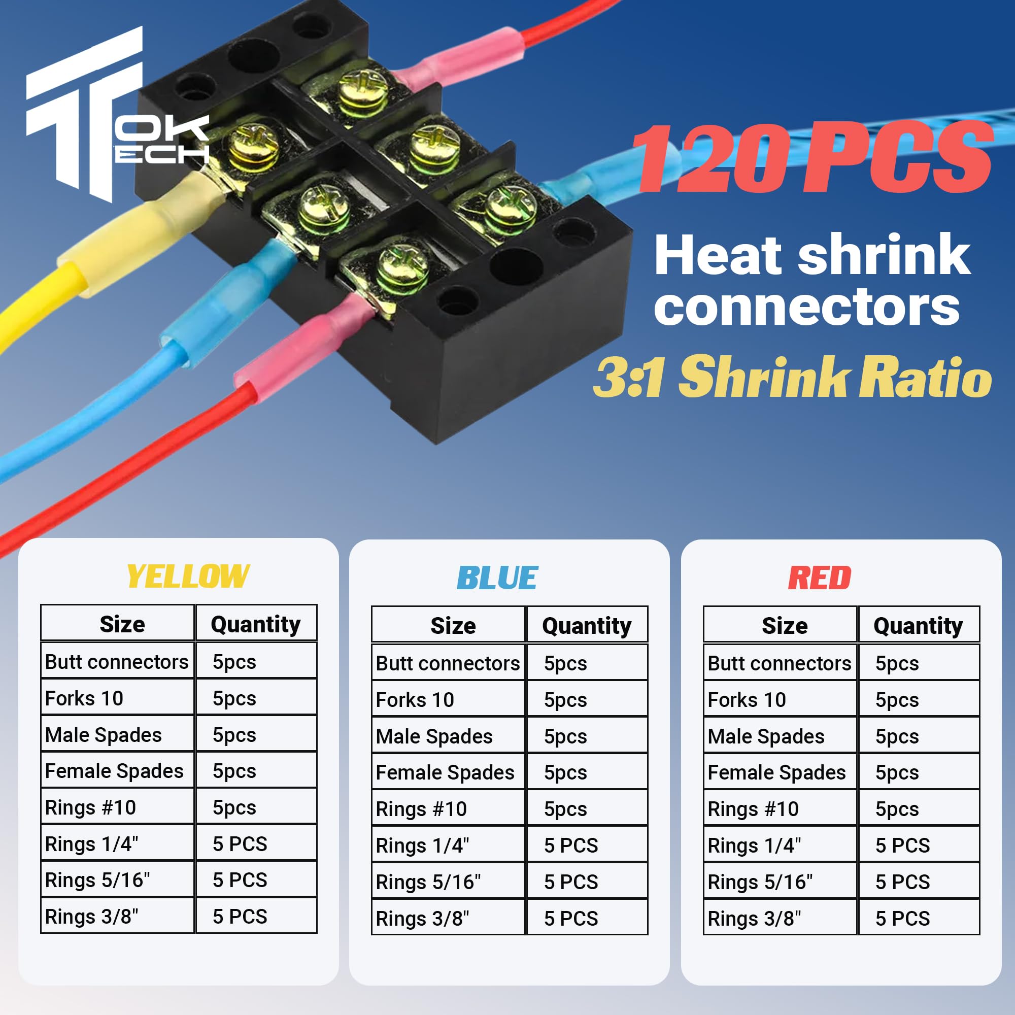 Toktech 120Pcs Heat Shrink Wire Connectors, Waterproof Automotive Marine Electrical Terminals Kit, Butt Connector Assortment, Fork Ring Spade Splices