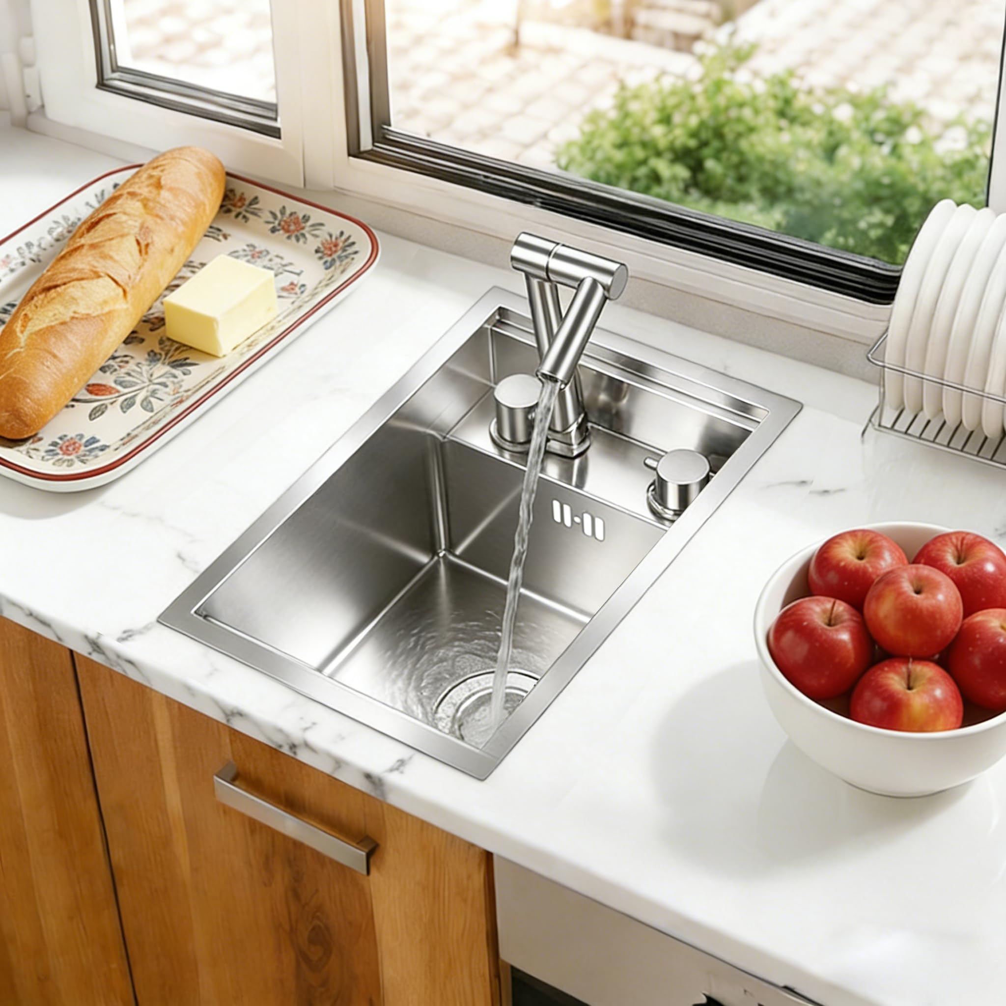 Lavello da Cucina/Bar a Scomparsa, 30 x 45 cm con Rubinetto Pieghevole, Lavello Sottotop Nascosto in Acciaio Inox con Tagliere, Postazione di Lavoro a Vasca Singola per Piccole Cucine e RV, Argento