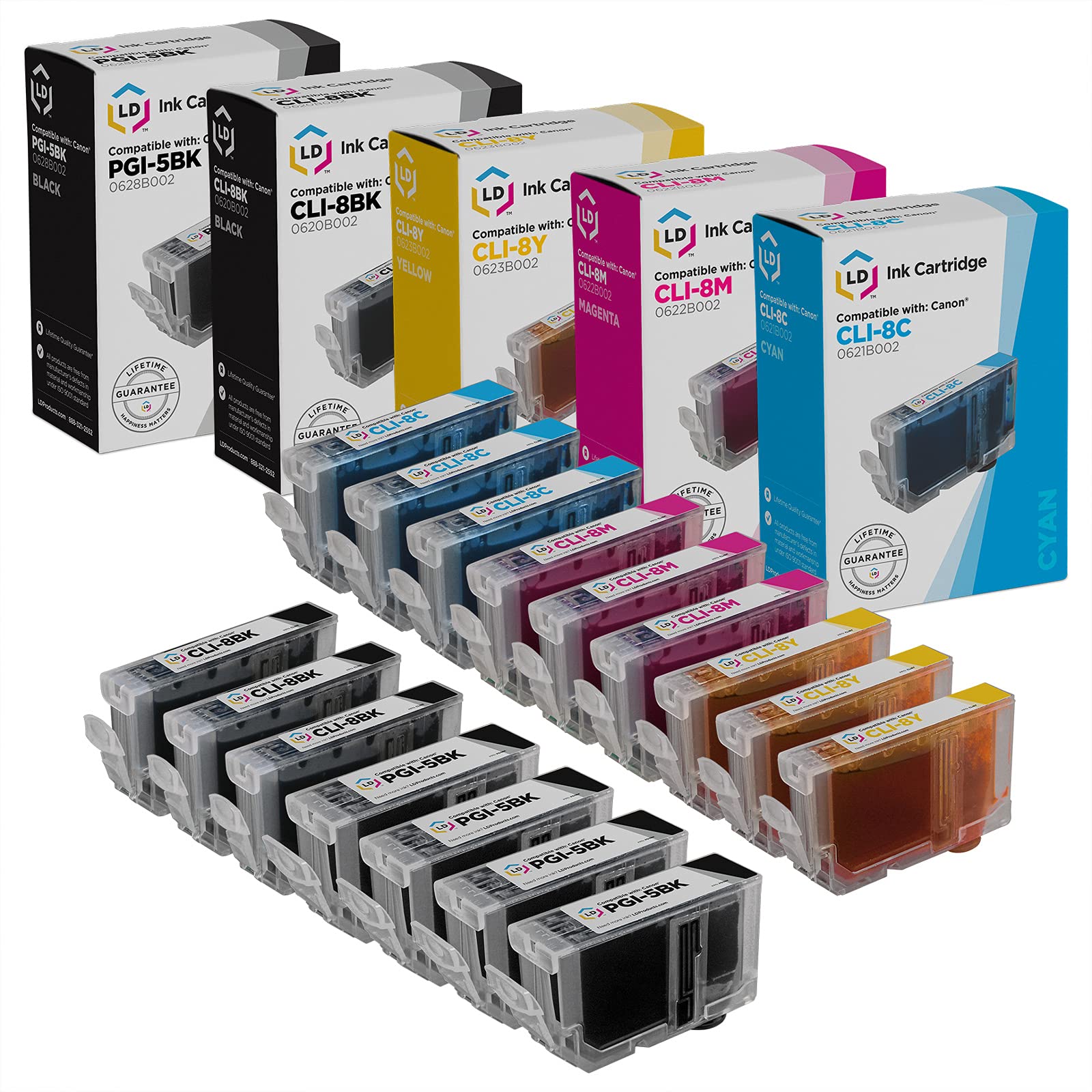 LD Compatible Ink Cartridge Replacement for Canon PGI5 & CLI8 (4 Pigment Black, 3 Black, 3 Cyan, 3 Magenta, 3 Yellow, 16-Pack)