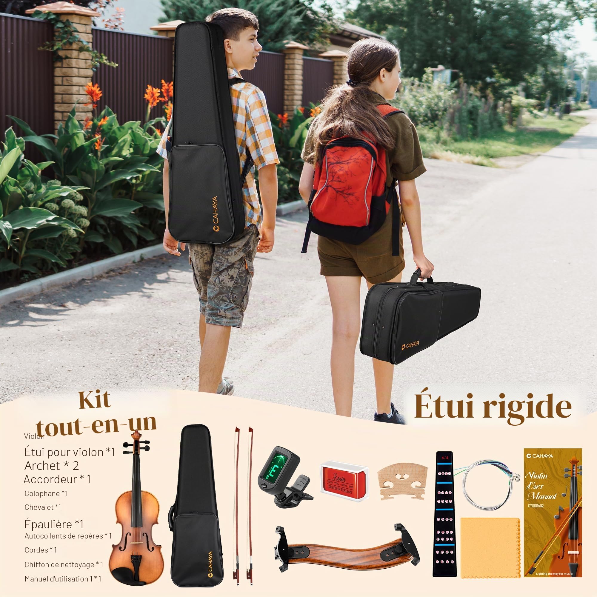 CAHAYA Violon 4/4 Bois Massif Fait Main Table Épicéa Fond Érable Étui Accessoires