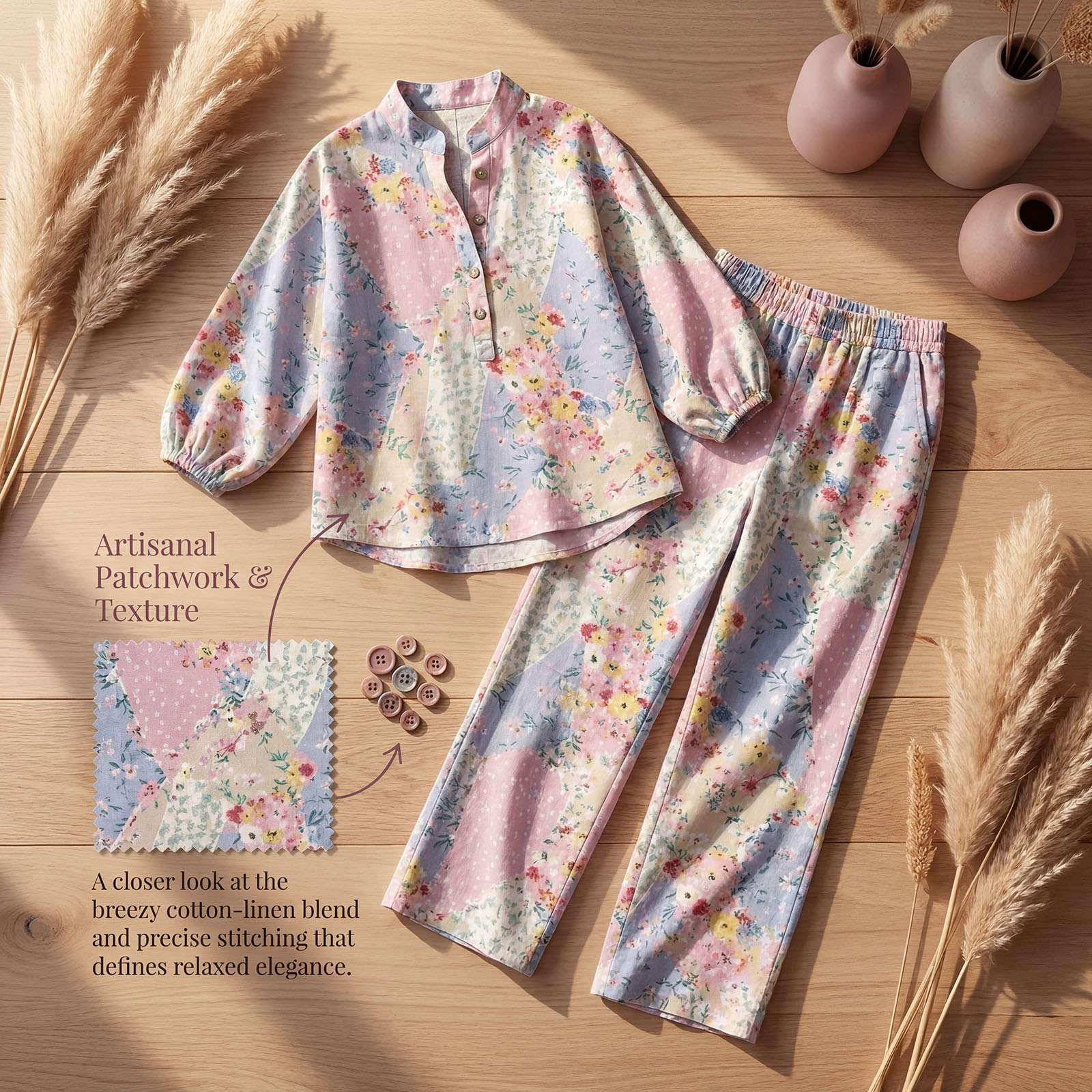 Générique Ensemble Femme Été 2 Pièces Lin Coton Imprimé Floral Chic Boho Tailleur Pantalon Jambe Large Tunique Manches Longues Décontracté Élégant Vacances Plage Jumpsuit Fluide Léger