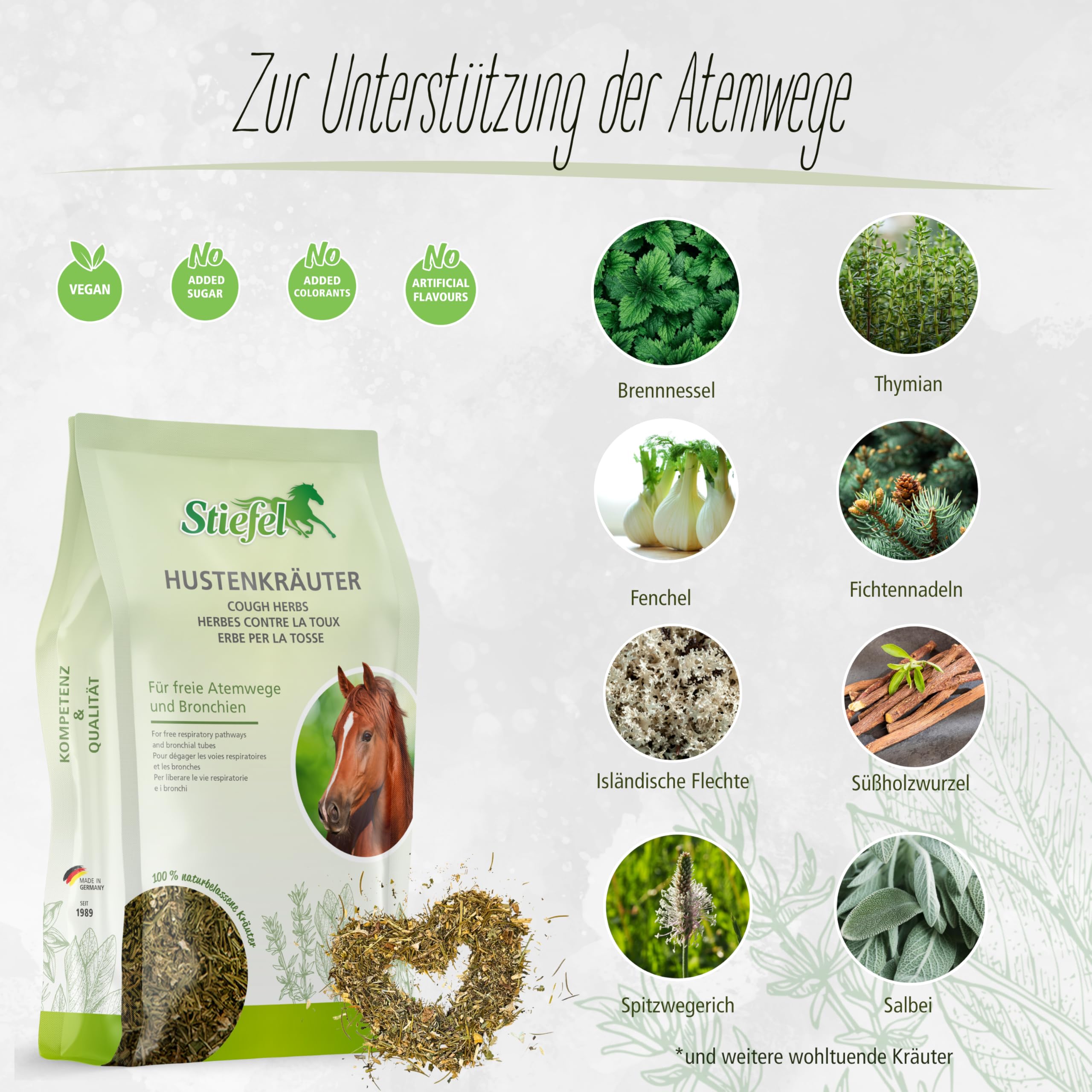 Stiefel Hustenkräuter für Pferde, 100% naturbelassene Kräutermischung, kann die Atemwege und Bronchien unterstützen, dauerhaft oder in gezielten Phasen, 1kg