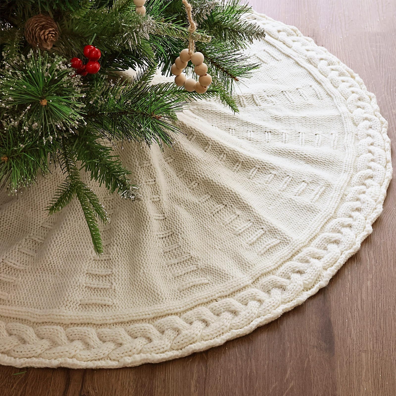 LimBridgeKnitted Christmas Tree Skirt: 36 Inches Cream White Tree Skirt, Braided Cable Knit Thick Rustic Christmas Tree Decorations, Farmhouse Christmas Decor Xmas Holiday Home Party Decorations