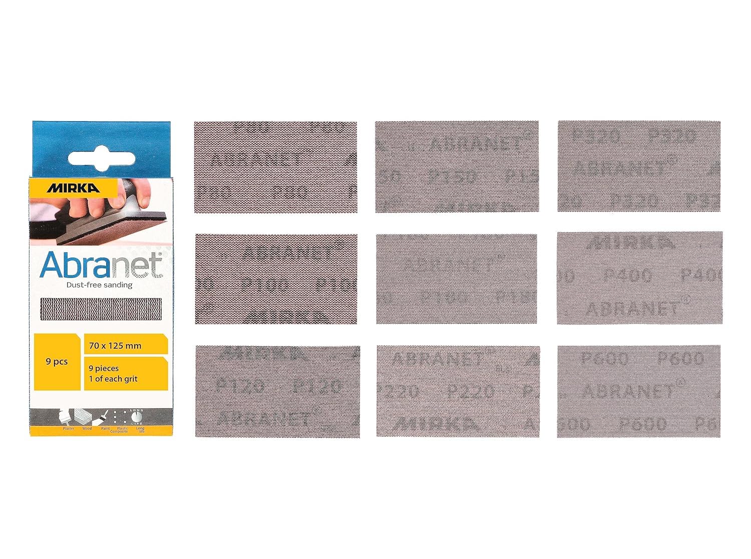 Mirka Abranet - Tiras de lijado de malla (70 mm x 125 mm, cierre adhesivo/mezcla, 1 de cada grano 80, 100, 120, 150, 180, 220, 320, 400, 600/9 uds), para lijado de madera, espátula, barniz