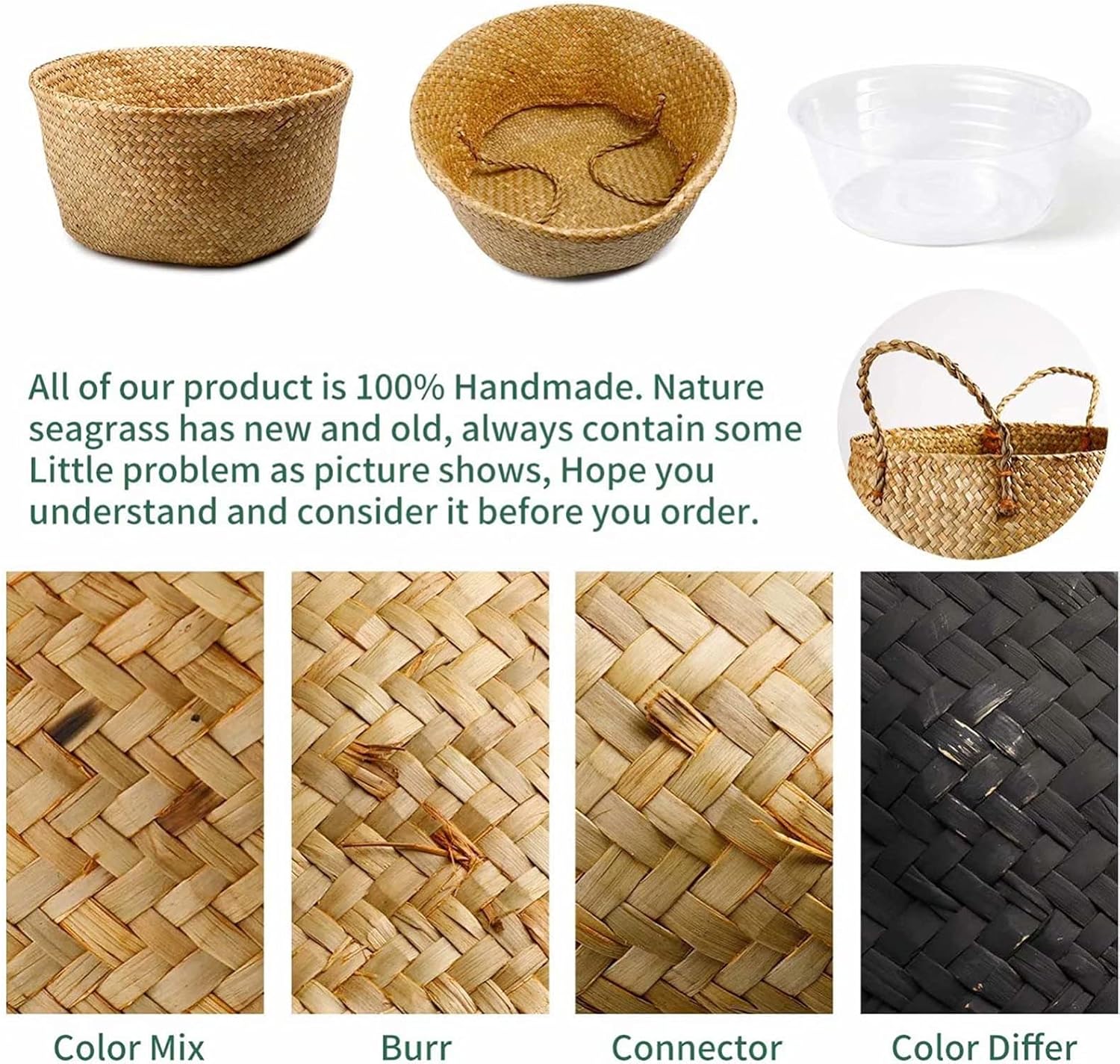 Natural Seagrass Plant Basket with Handles 2 Pack Handmade Woven Belly Basket Home Storage Laundry Picnic Plant Pot Cover Woven Straw Beach Bag for Succulents Flower Storage Basket(Large,Brown)