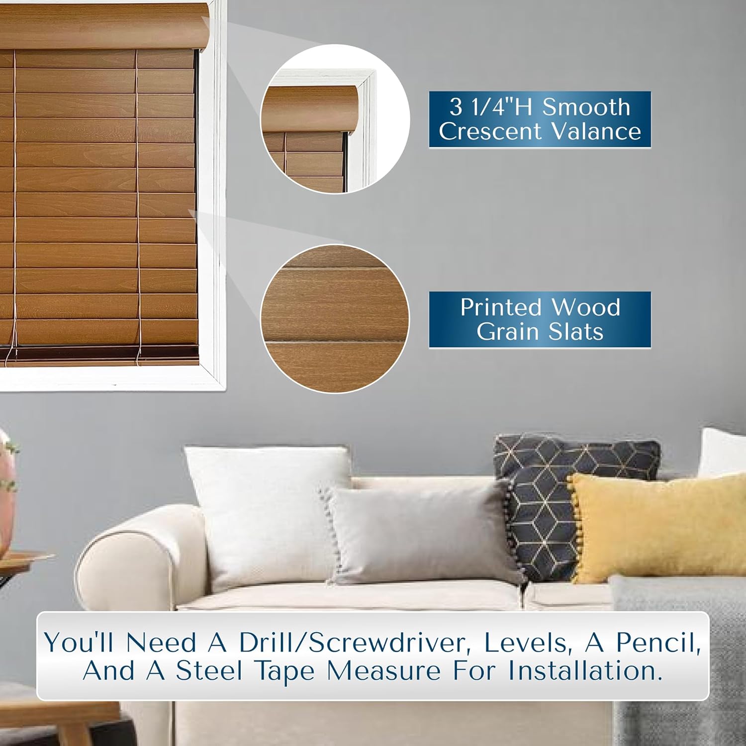 TailorView, Customizable Faux Wood Horizontal Window Blinds, Cordless, 2 Inch Printed Wood Grain Slats, Color - Modern Oak, Outside or Inside Mount