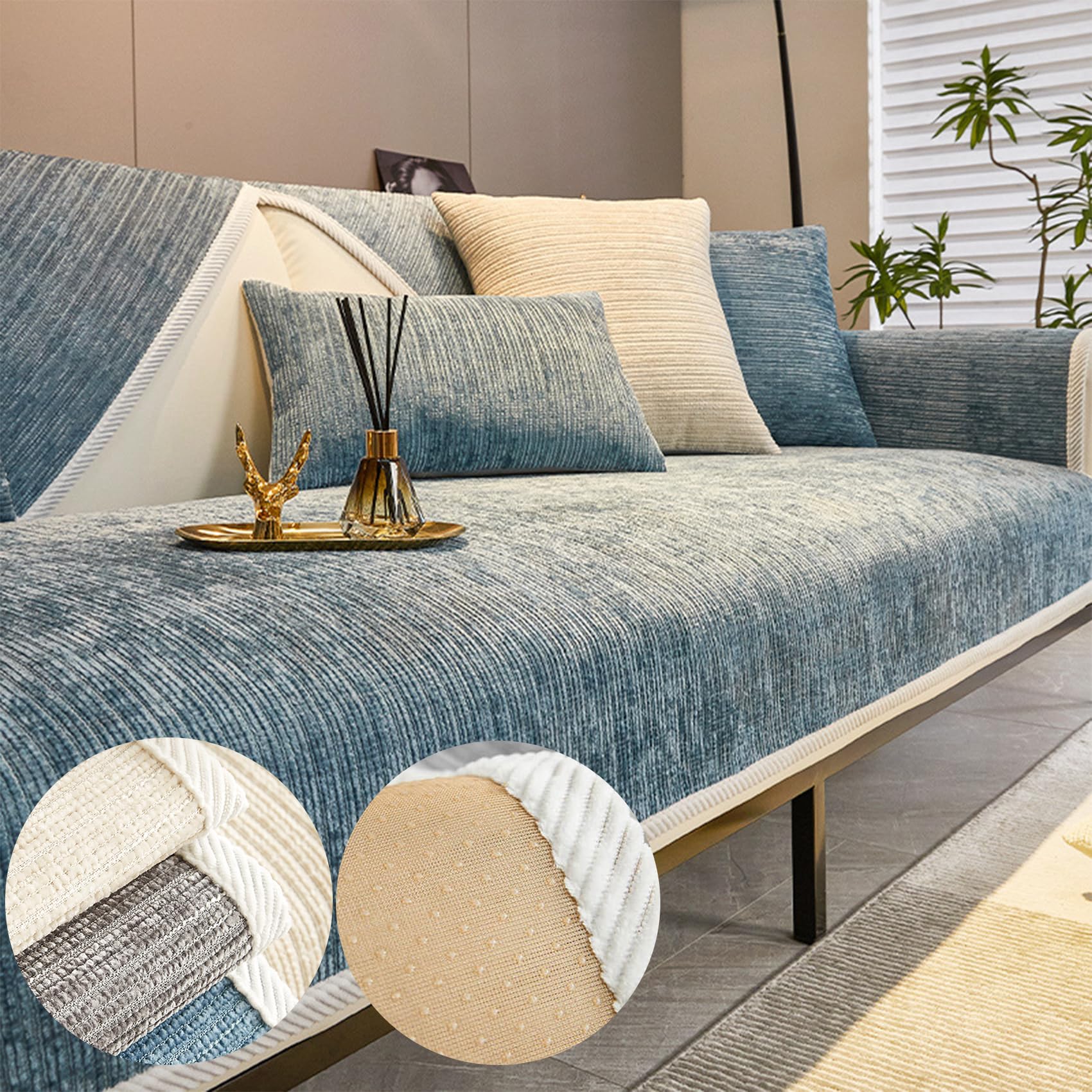 Cemssitu Blue Chenille Sofa Covers, Simple Striped Chenille Anti-Scratch Couch Cover, Non Slip Sofa Covers For Dogs, Washable Furniture Protector Couch Cover For All Season (,90 * 180 Cm/35.4 * 70.9 In)