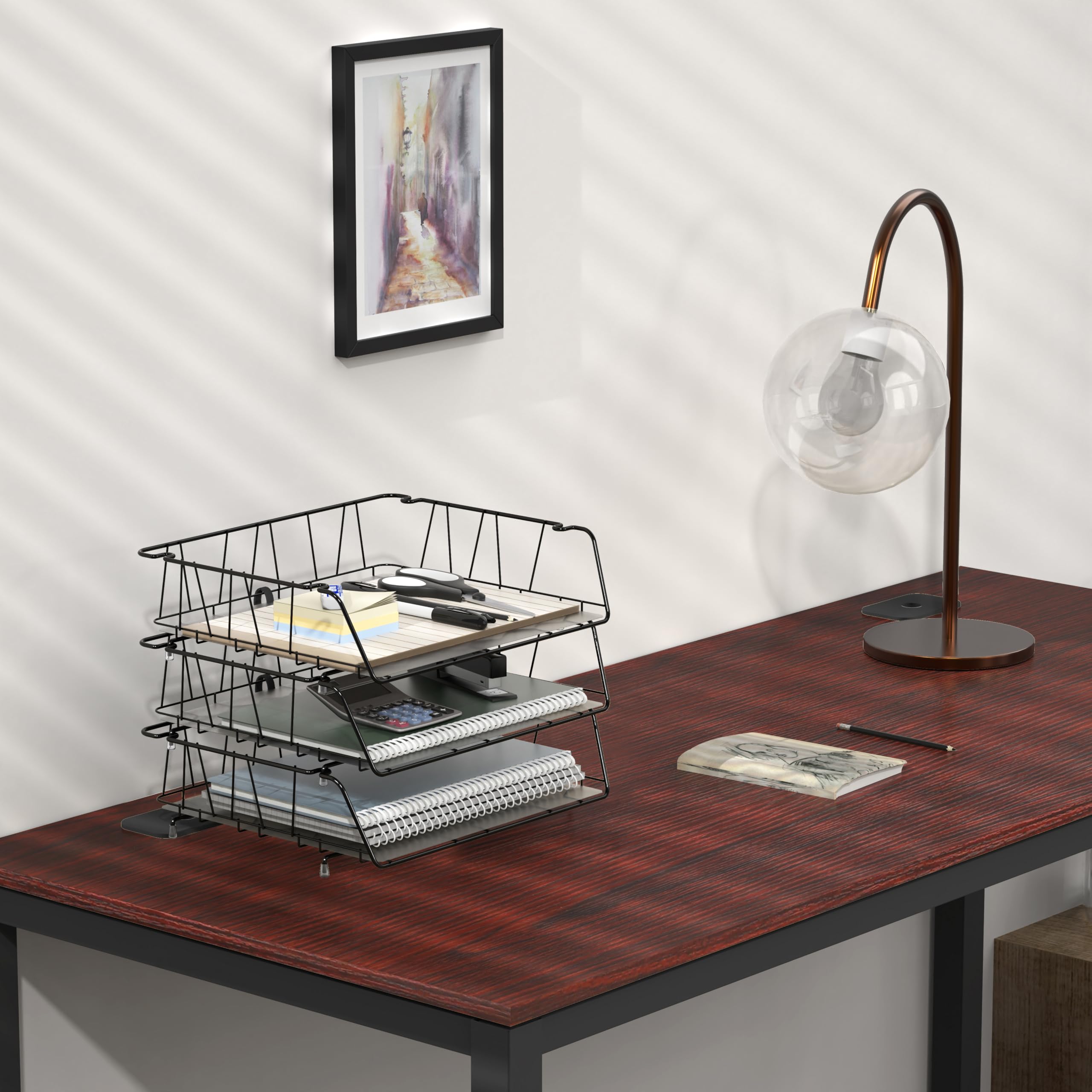 SimpleHouseware Stapelbare Briefablage mit breitem Eingang, mit Auskleidung, Drahtgitter, 3 Packungen, Schwarz