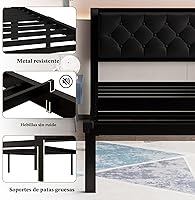 Vista 5 de Feonase Marco de cama de metal tamaño doble con cabecera capitoné de cuero sintético con botones, marco de cama tipo plataforma resistente