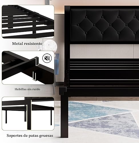 Miniatura 5 de Feonase Marco de cama de metal tamaño doble con cabecera capitoné de cuero sintético con botones, marco de cama tipo plataforma resistente