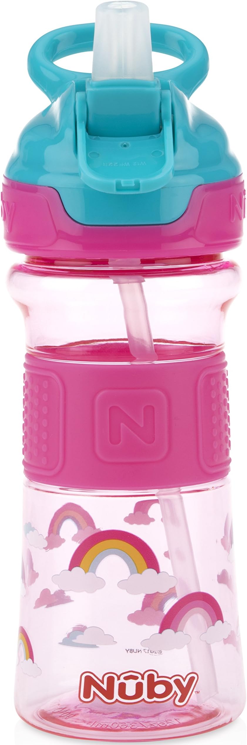 Nuby Thirsty Kids Push Button Flip-it Soft Spout on The Go Water Bottle with Easy Grip Band, Pink Rainbows, 12 Ounce