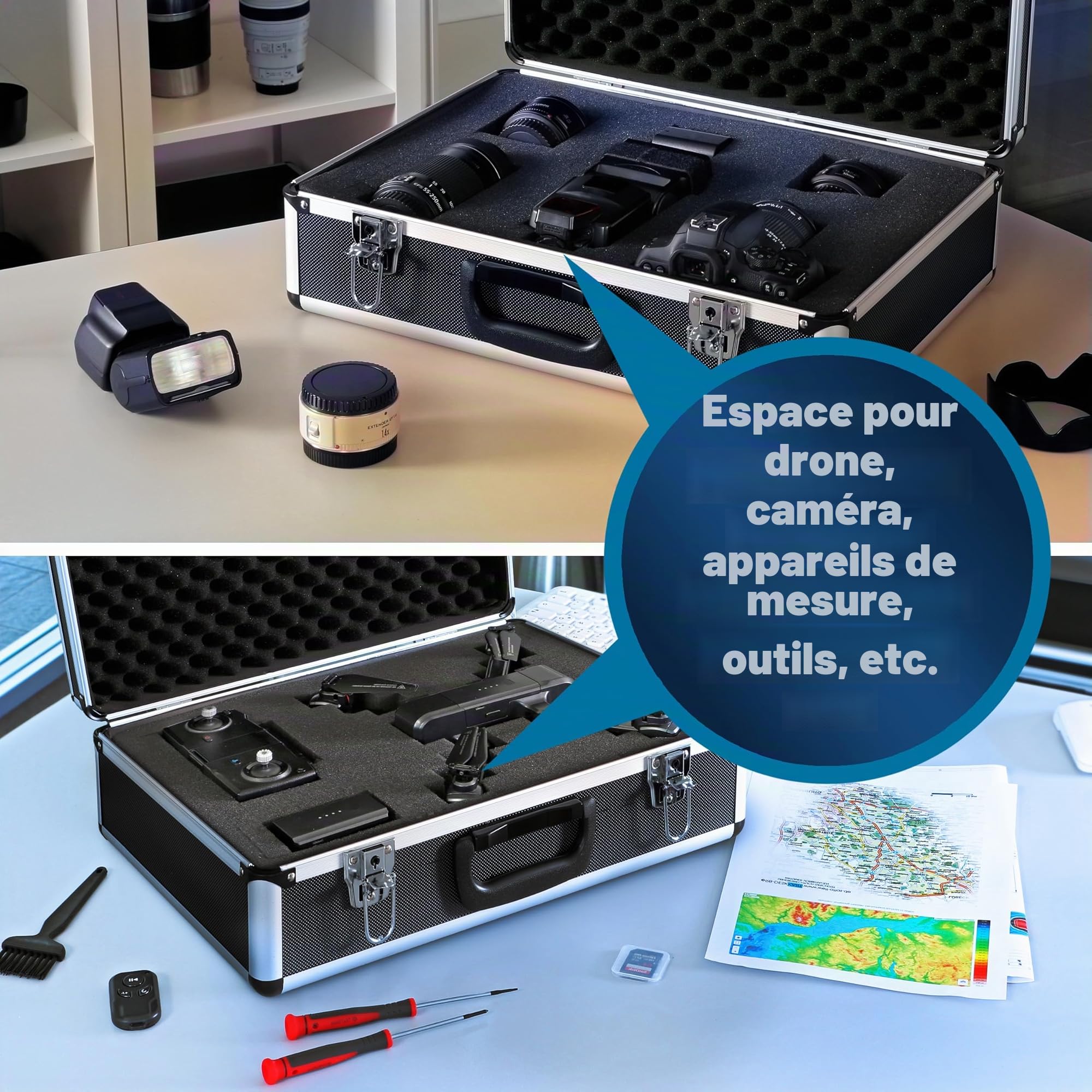 Peak Tech P 7310 - Mallette Universelle pour Instruments de Mesure, Robuste en Aluminium, Compartiment à Outils, Rembourrage en Mousse, Verrouillable, Anti-Poussière, XL - 460 x 330 x 150 mm