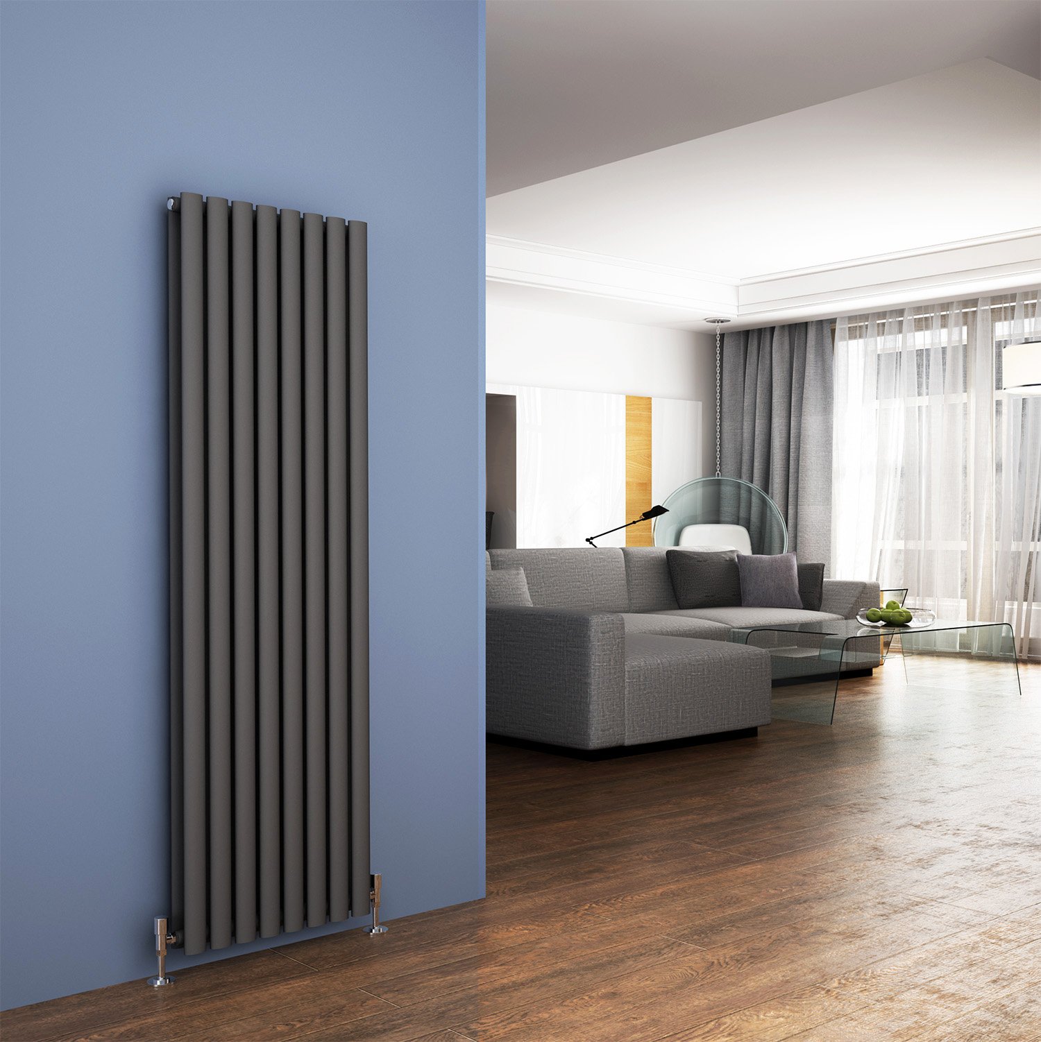 ELEGANT Designer Radiator Double Column 1600 x 480mm Anthracite Oval Panel Radiator Modern Vertical Rad for Living Room Kitchen — image 1