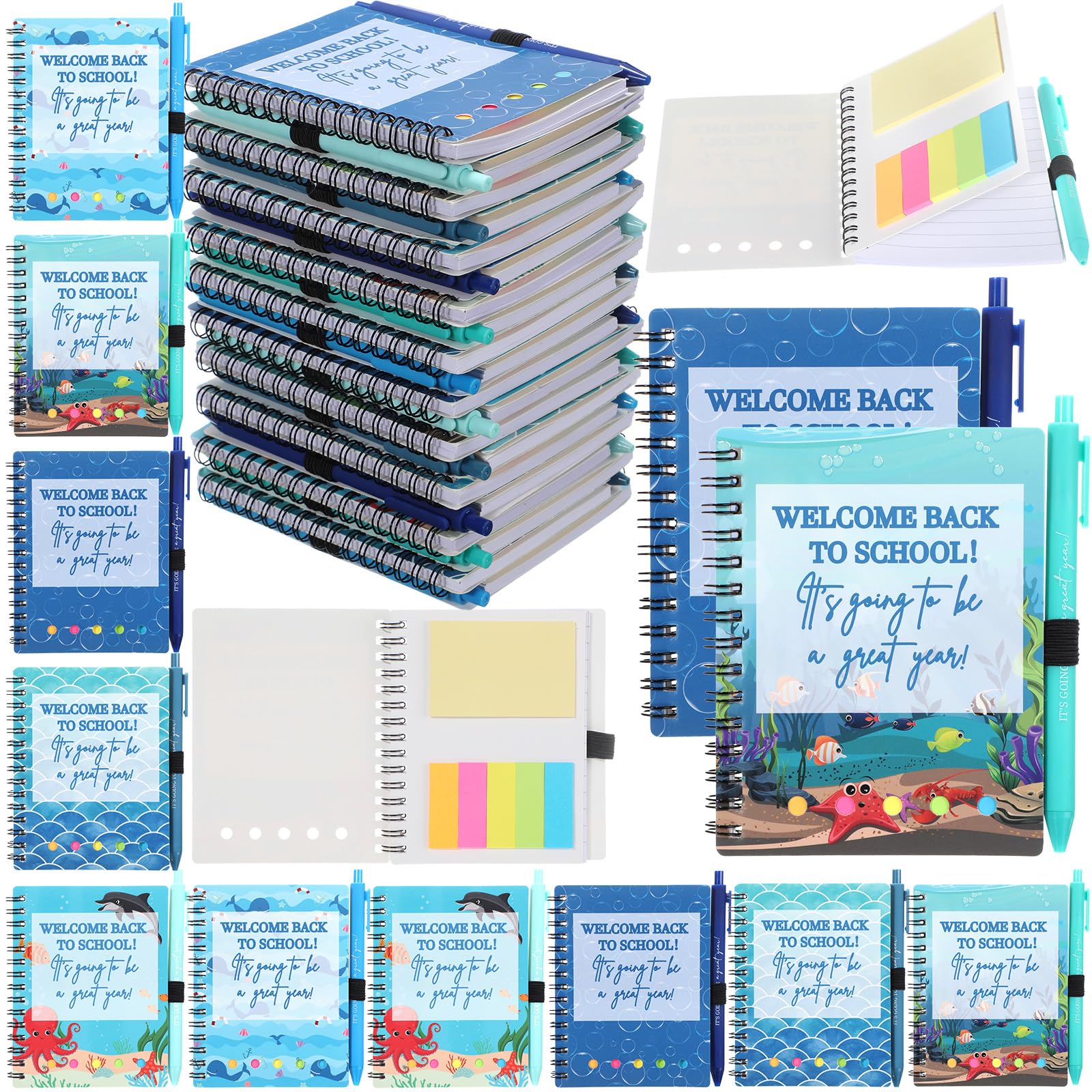 Dunzoom 40 quaderni con scritta "Welcome Back to School", 20 quaderni per il primo giorno di scuola, con linguette adesive, set di 20 penne ispiratrici per insegnanti e studenti (oceano, blu)