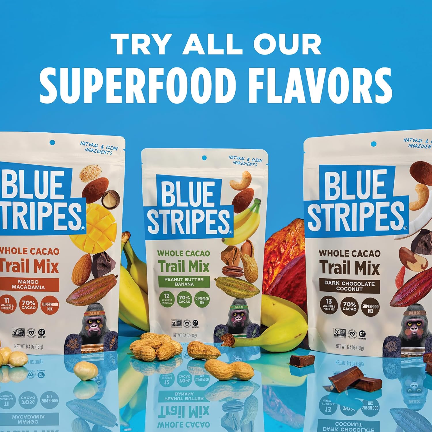 Blue Stripes - Trail Mix, Peanut Butter Banana, Cashews, Peanut Butter Chips, Healthy Snacks for Adults, Whole 70% Cacao, With Unrefined Sugar, Non GMO, Gluten Free, Vegan - 4 Pack, 6.4 oz