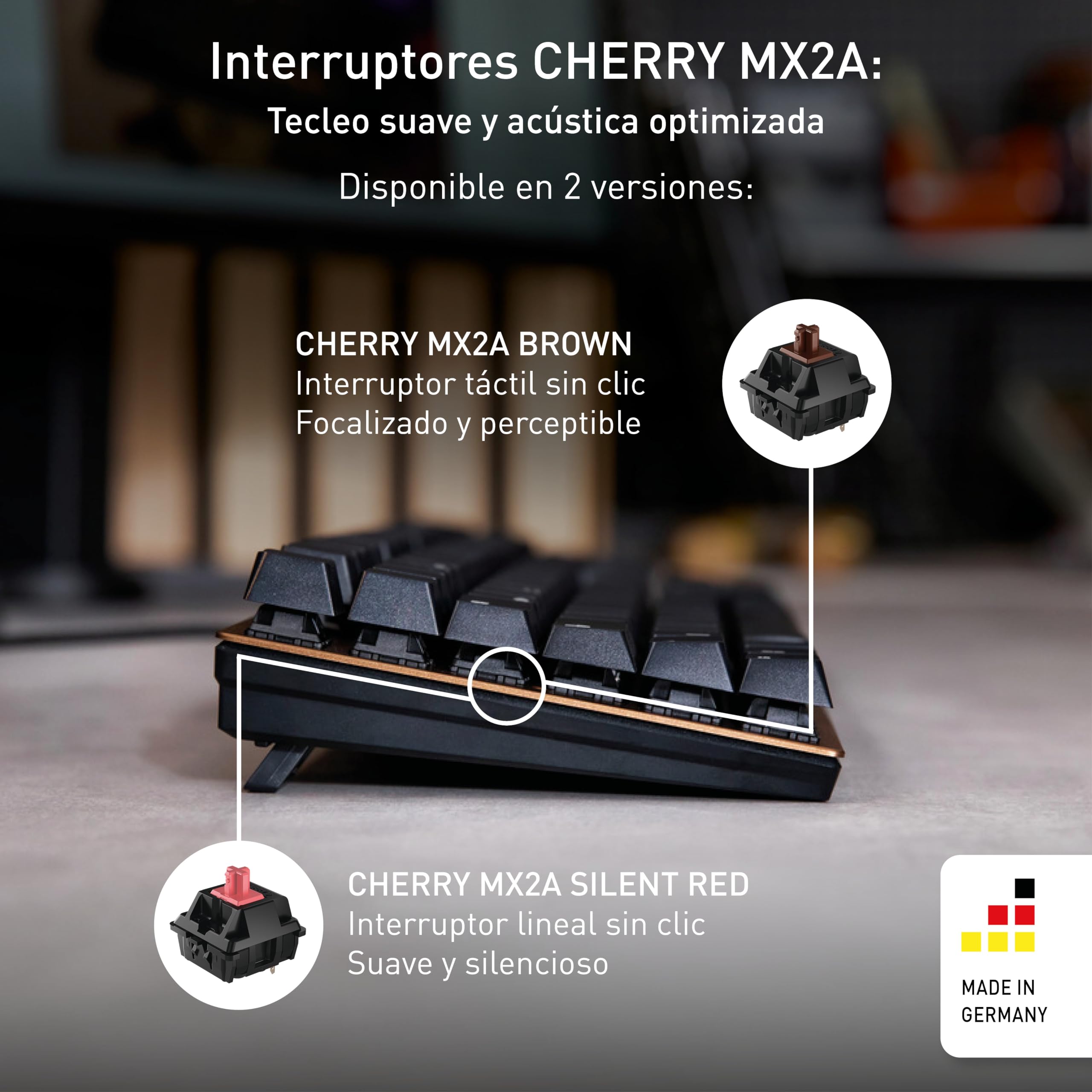 CHERRY KC 200 MX, Teclado Mecánico de Oficina con Placa de Metal Anodizado, Distribución de Teclado Inglés EE. UU. (QWERTY), con Cable, Switches MX2A SILENT RED, Negro/Bronce | Diseño moderno, superficie de aluminio, conexión USB-A, negro/bronce, teclas s