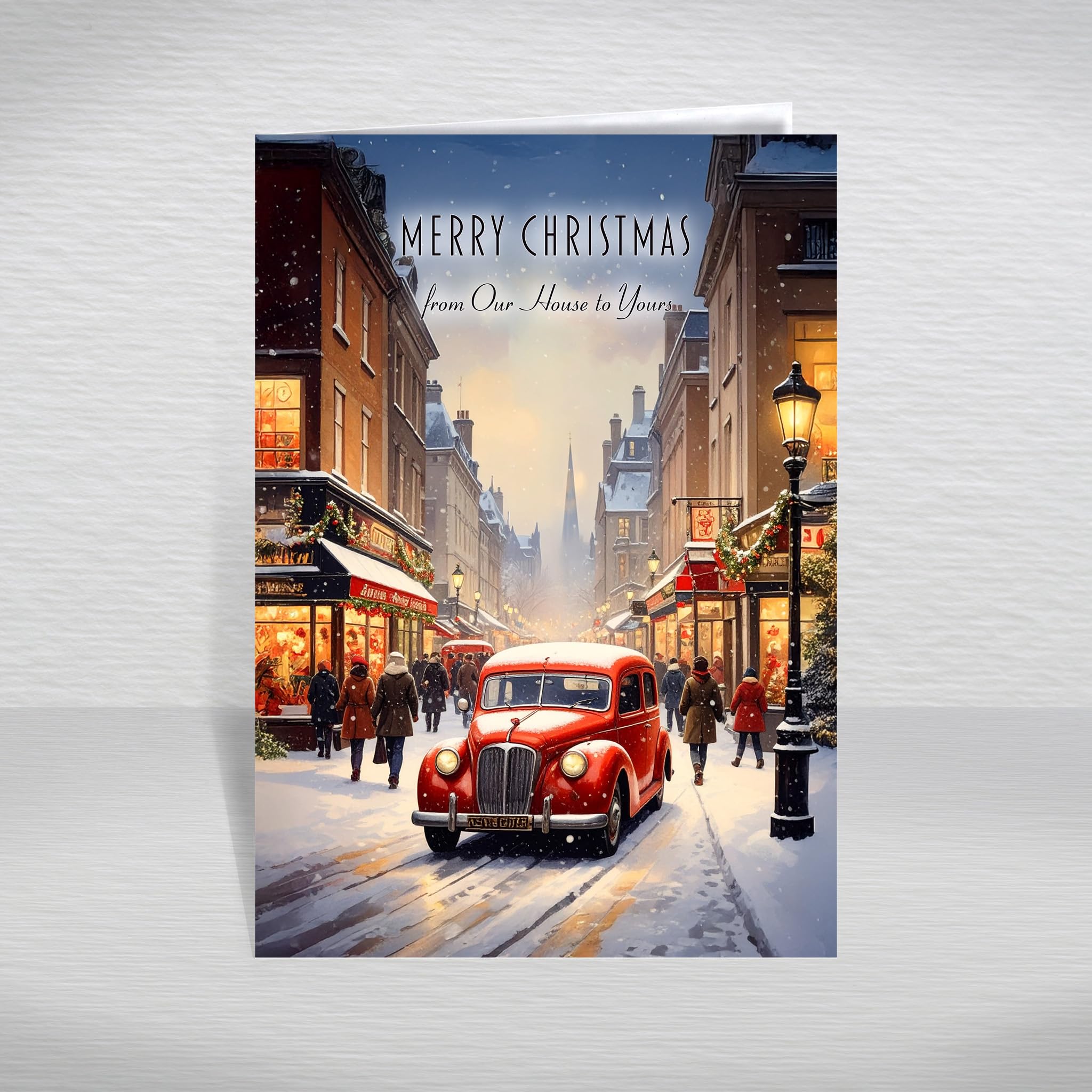 Christmas Card from Our House to Yours, Friends, Family, Neighbours – Classic Car on Snowy British City High Street, A5 Retro Greeting Card & Special Verse: From Our House to Yours Christmas Card