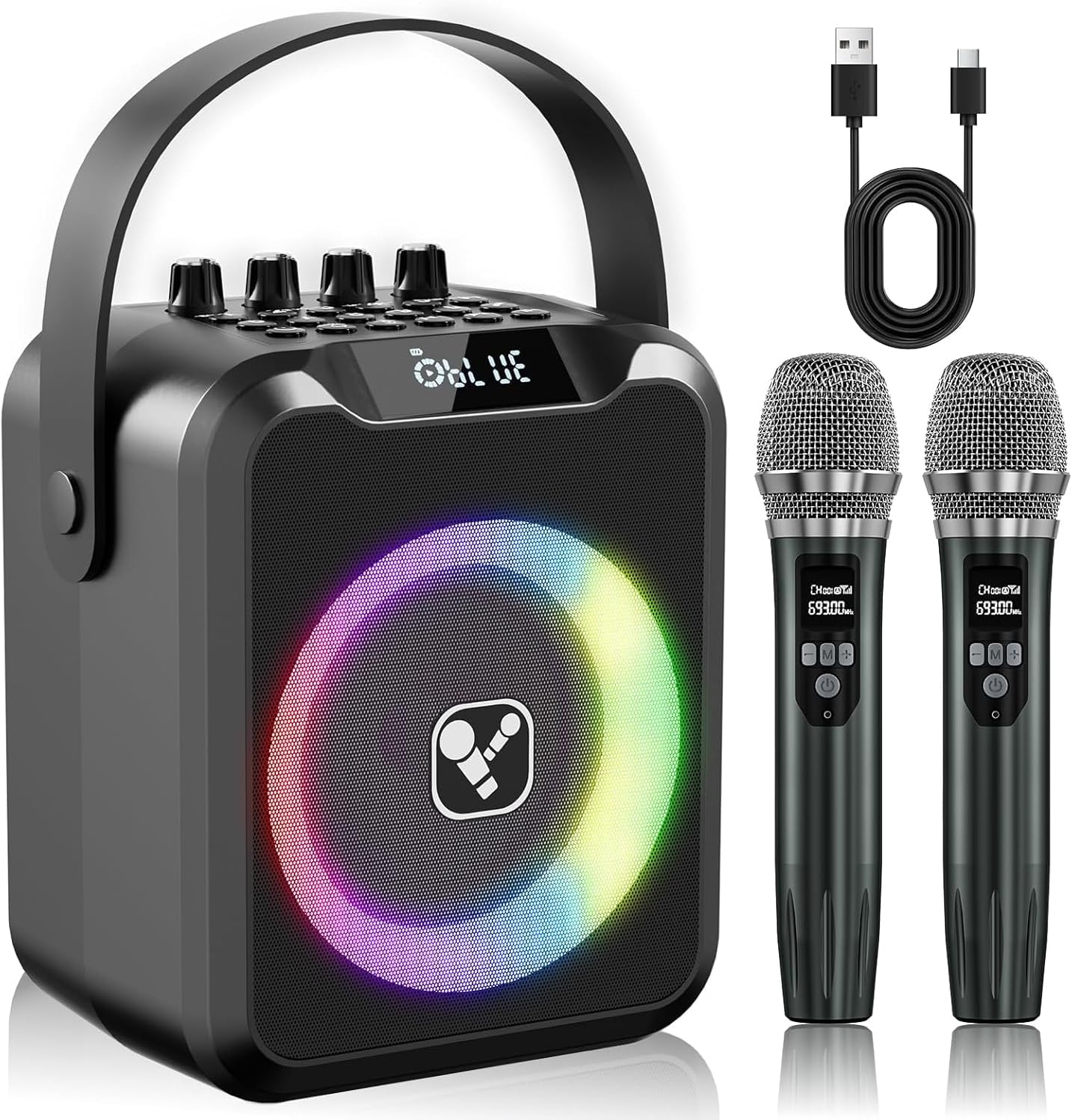 Portable Karaoke Machine with 2 Wireless Microphones for Adults & Kids,Rechargeable Karaoke Mic with 6 Voice Changer,Karaoke Speaker Supports Bluetooth,USB,Live,AUX,TF,MIC gray-a