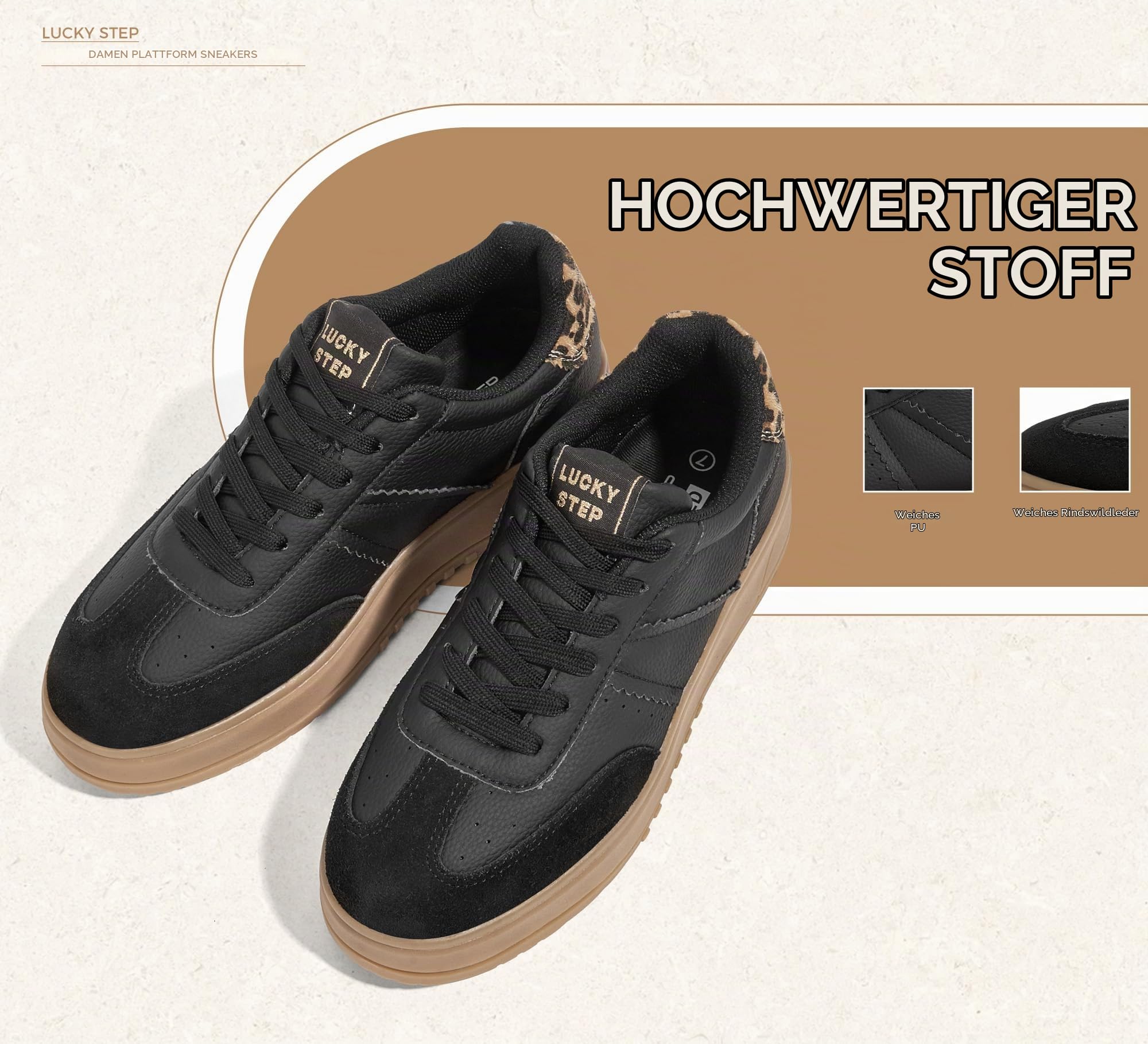 LUCKY STEP Damen Plateau-Sneakers mit Schnürung | Bequeme Freizeitschuhe mit Dicker Gummisohle aus Kunstleder | Low-Top Design für Stadt, Alltag & Sport