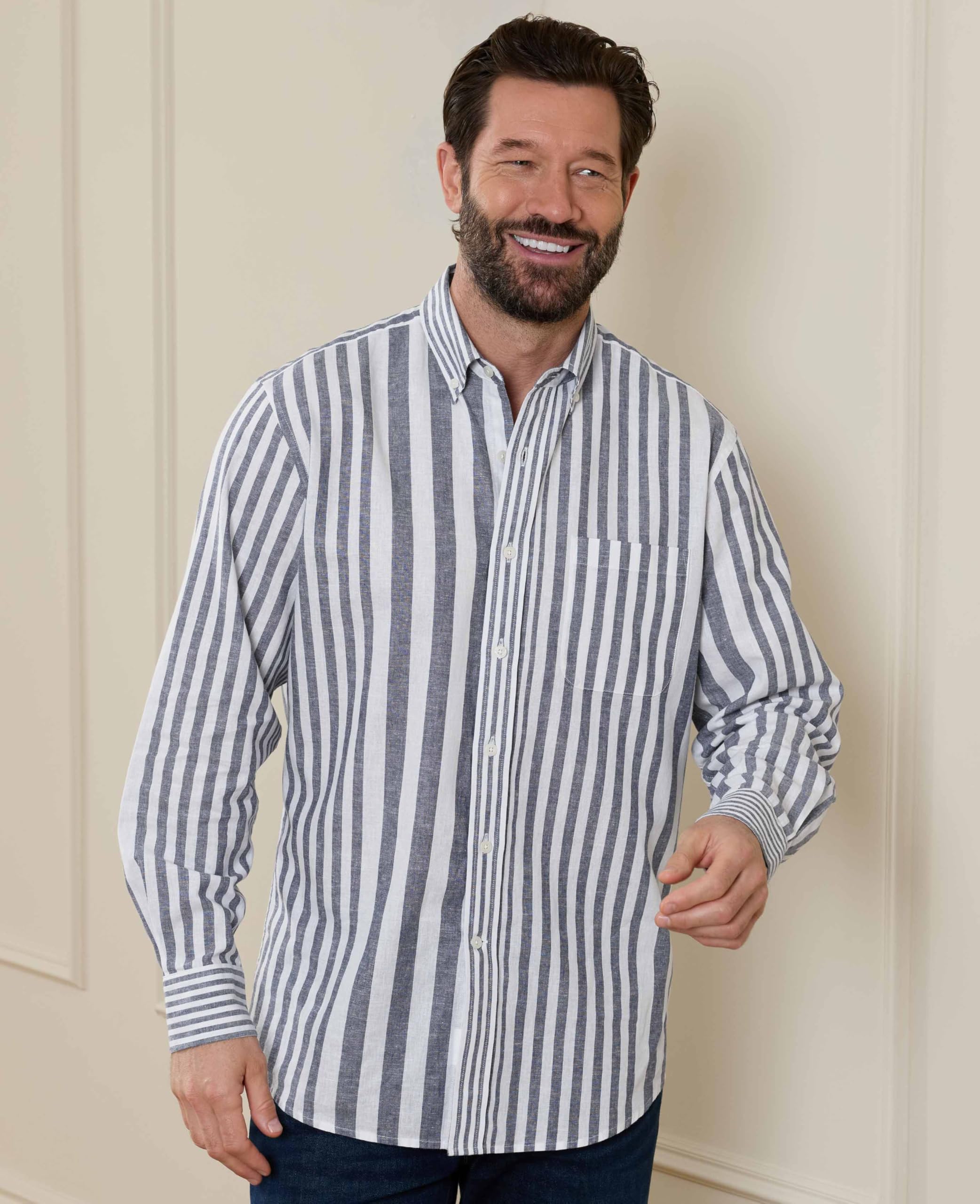 Savile Row - Camisa de manga larga para hombre, mezcla de lino, ajuste clásico con botones y cuello