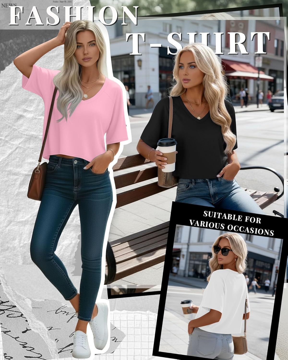 3 Pack Women's Cropped Tops V Neck Half Sleeve Crop T-Shirts Raglan Sleeve Loose Fit Casual Summer Basic Tees - Image 2