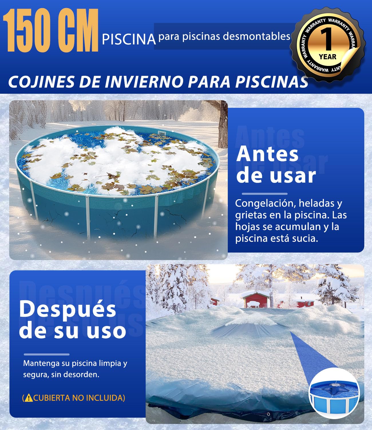 Angooni Cojín de piscina de invierno 150 × 150 cm XXL cojín de aire para piscina con doble costura para cubrir la piscina – Cojín de piscina para el invierno con válvula de inflación doble Boston