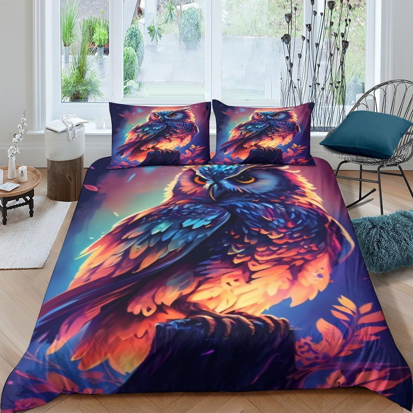 Ctjqhvkz Style-1 3D Printed Fantasy Owl Fitted Sheet Microfiber Soft Breathable Fire Night Mattress Cover For Bedroom Dorm Decor Single（135X200cm）