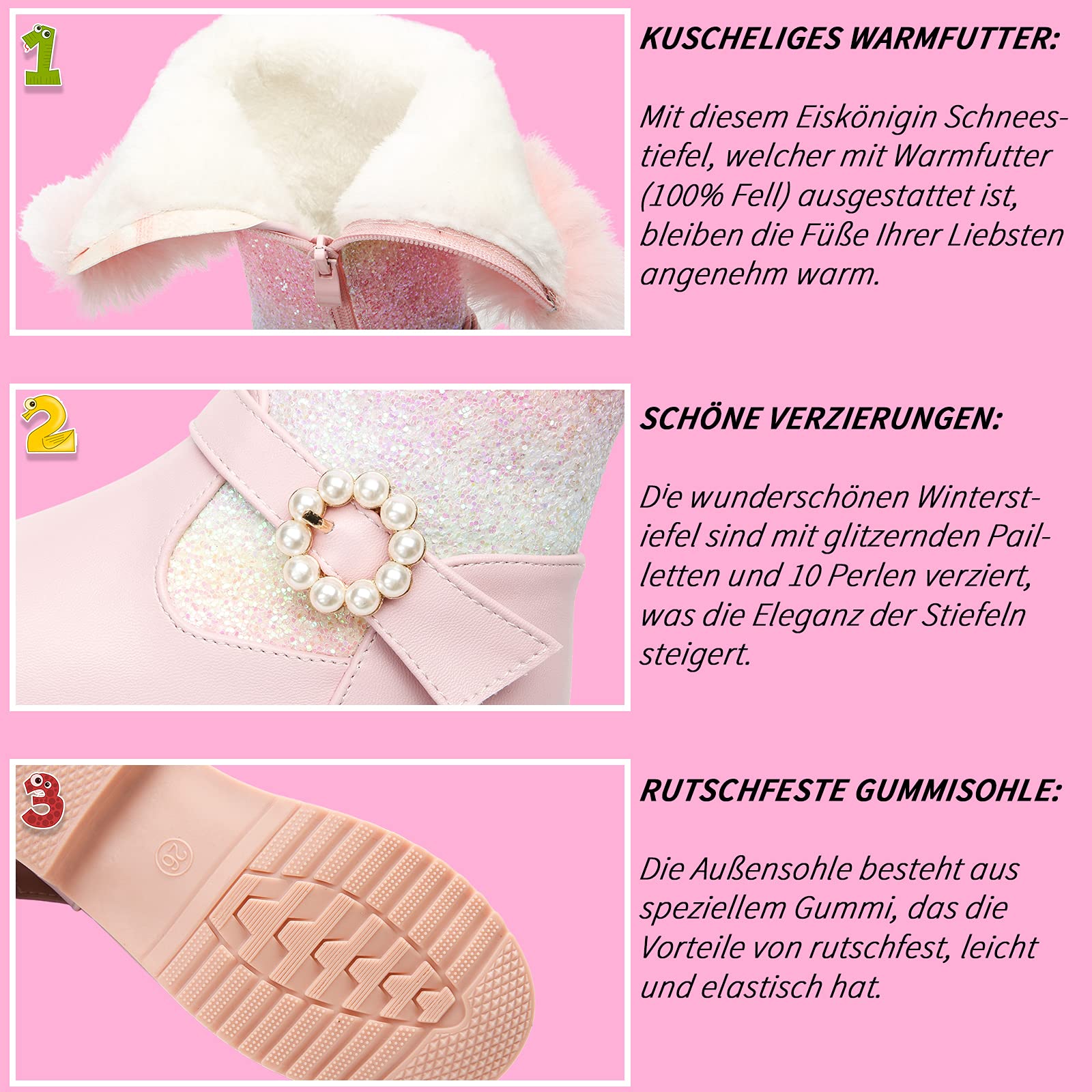 Mädchen Regenbogen Winterstiefel Warm Gefütterte Thermo Winter Schneestiefel mit Fell Outdoor Kinder Stiefel für Prinzessin Weihnachten Geburtstag Party