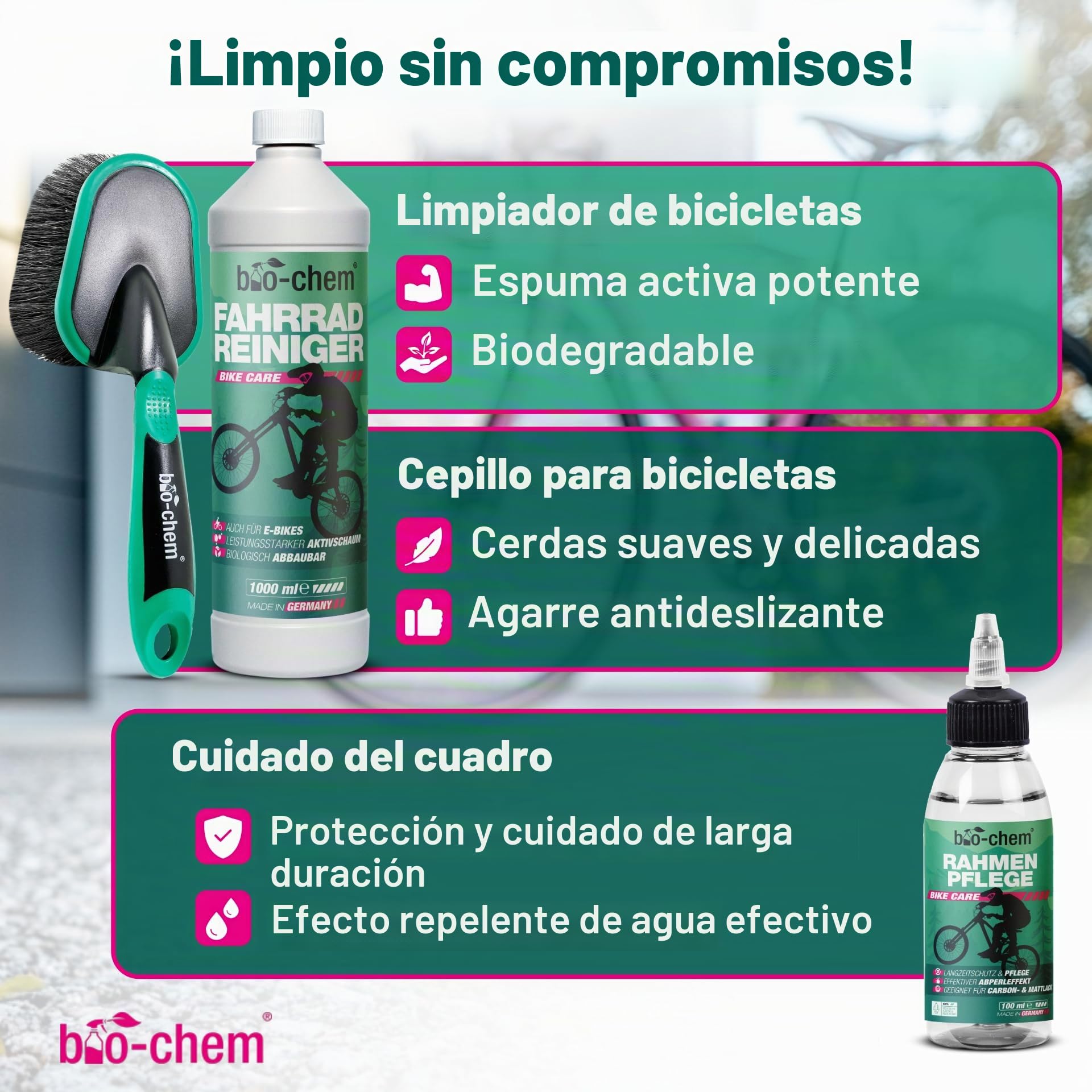 bio-chem Kit de 9 productos para el cuidado de bicis + accesorios | Productos para la limpieza de los cuadros de las bicicletas de carretera y de las cadenas - Accesorios y Caja incluidos