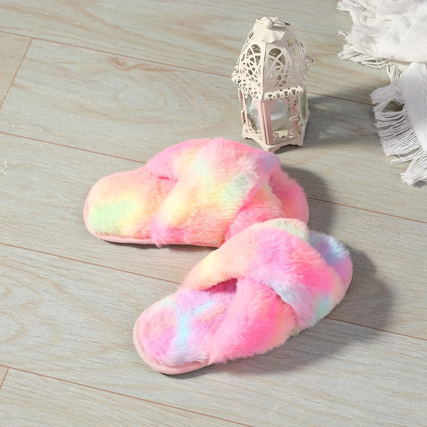 Shoeslocker Girls Cross Band Open Toe Tie Dye Plush House Slippers Nonslip Casual Slippers - Image 5
