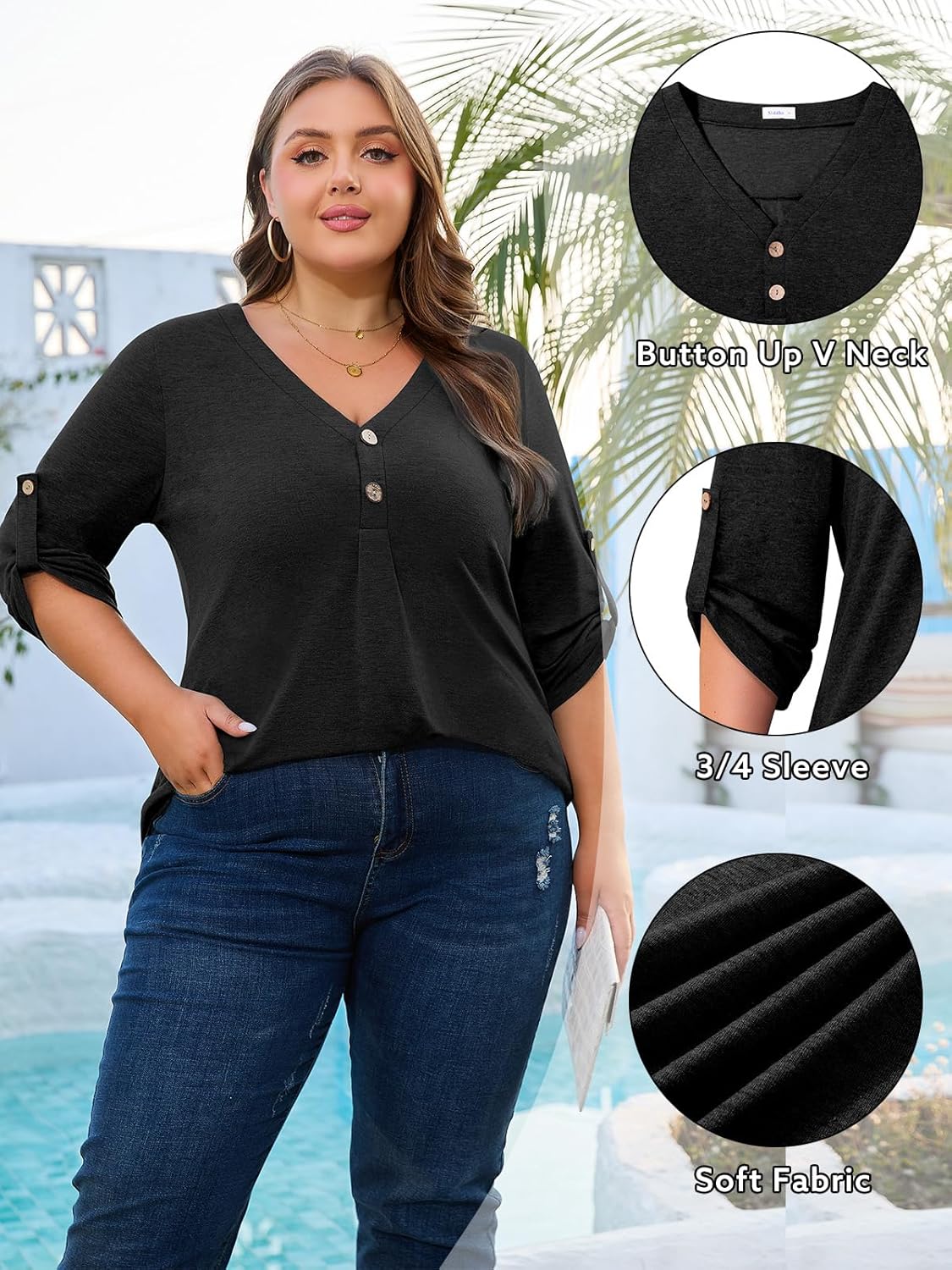 Siddhe Plus Size 3/4 Sleeve Tops for Women, Plus Size Tunic Tops for Women Loose Fit Spring Pleated V Neck Dressy Casual Button Down Henley Shirts for Summer Black Tunic Fashion 2025, Black, 4XL - Image 5