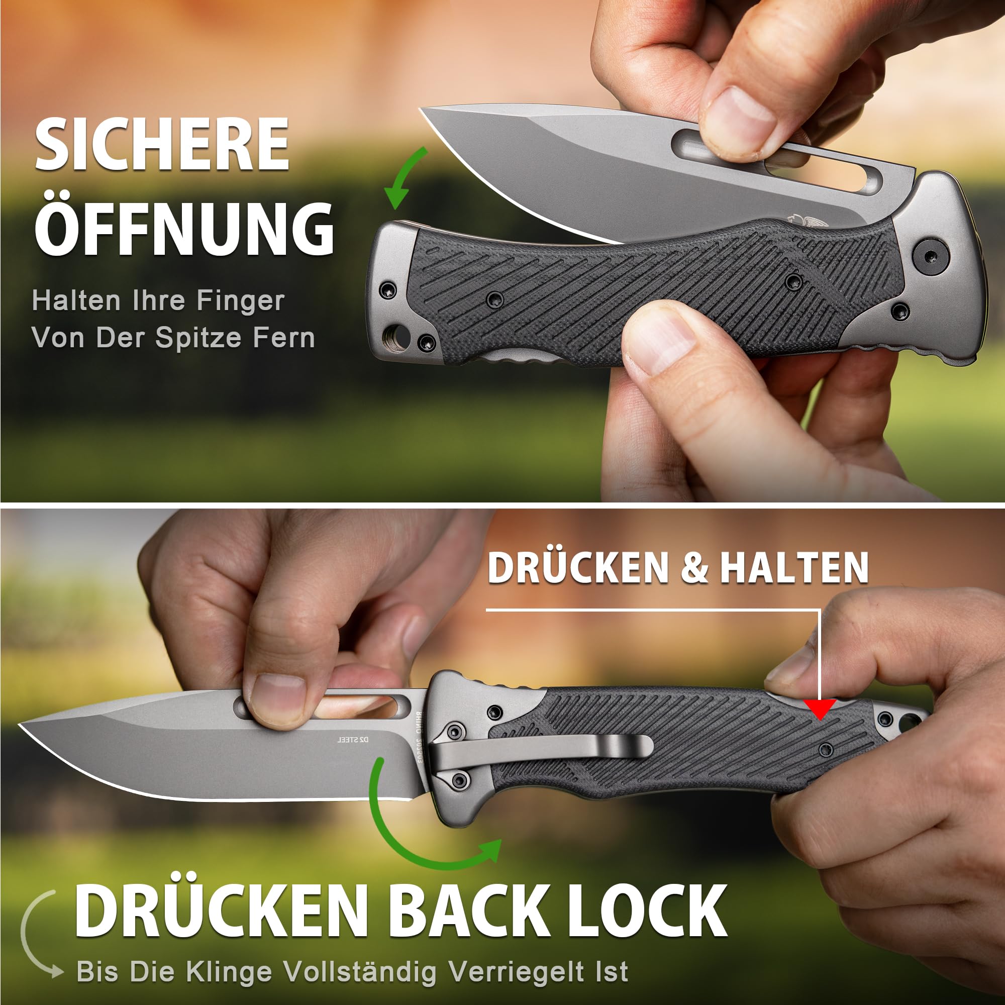 LOTHAR RHINO Couteau à Deux Mains, 10.5cm Grand Couteau Pliant Avec Acier D2, Manche G10 Couteau Outdoor Survival Avec Clip Pour Camping, Back Lock, Bushcraft, Robuste & Durable