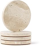 WORHE Natural Travertine Marble Coasters Set of 4-4' Round Stone Drink Coasters, Non-Slip Cork Backing, Housewarming Gift, Wedding, Protect Tables from Stains & Scratches (BD140) Beige