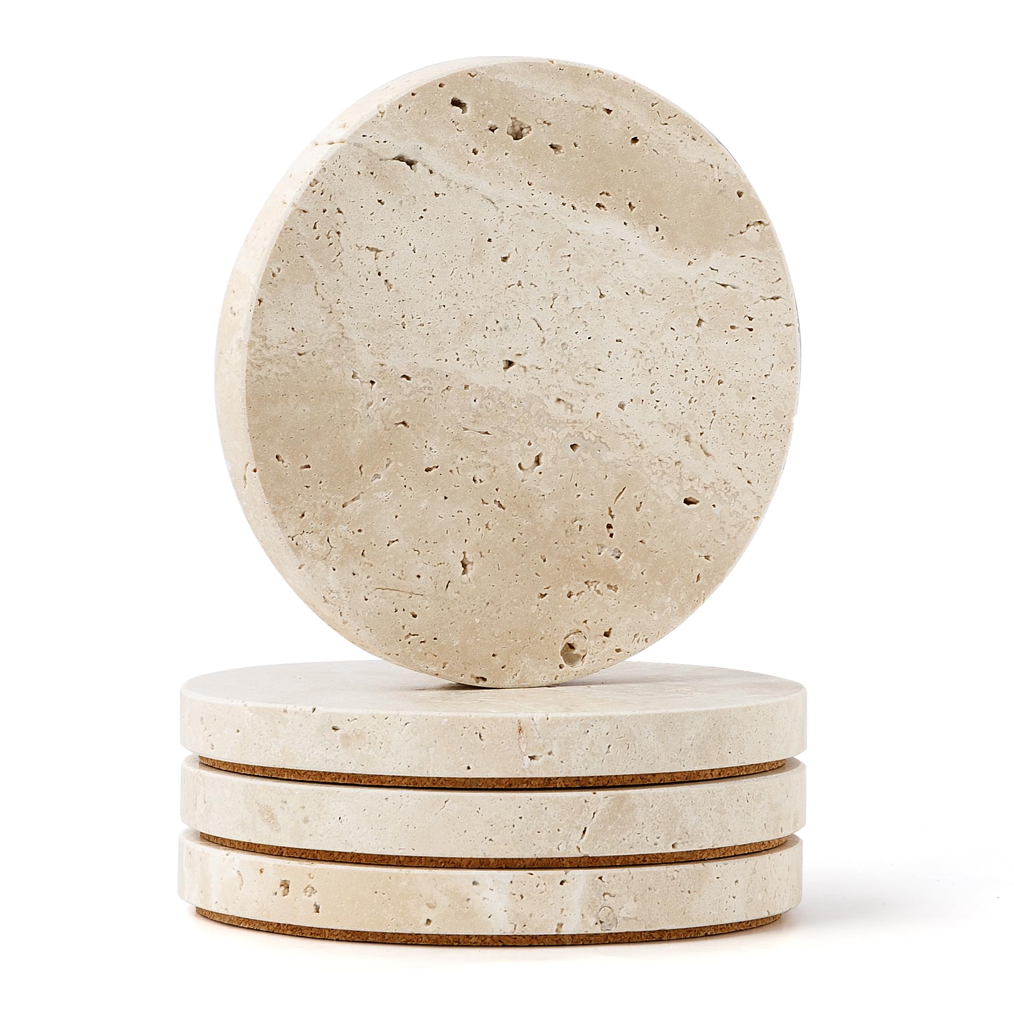WORHE Natural Travertine Marble Coasters Set of 4-4" Round Stone Drink Coasters, Non-Slip Cork Backing, Housewarming Gift, Wedding, Protect Tables from Stains & Scratches (BD140)