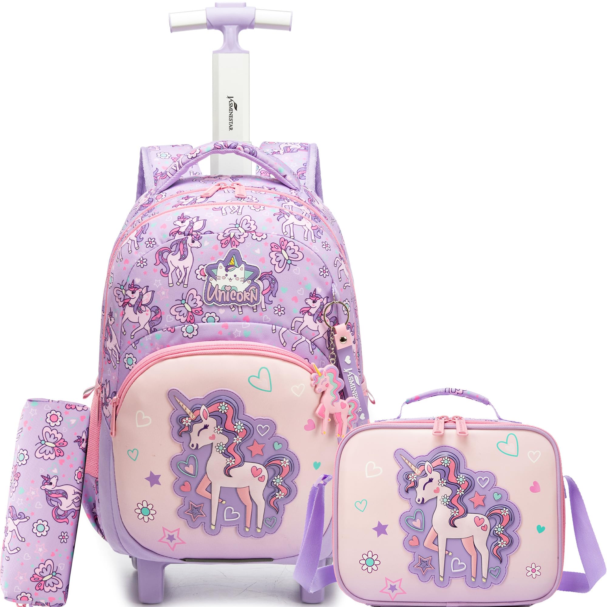 HTgroce 3-Teiliges Schulranzen mit Rollen Mädchen Einhorn, Ergonomisch Schulranzen Trolley inkl. Lunchtasche & Federmäppchen Grundschule Schultasche für Schule & Reisen