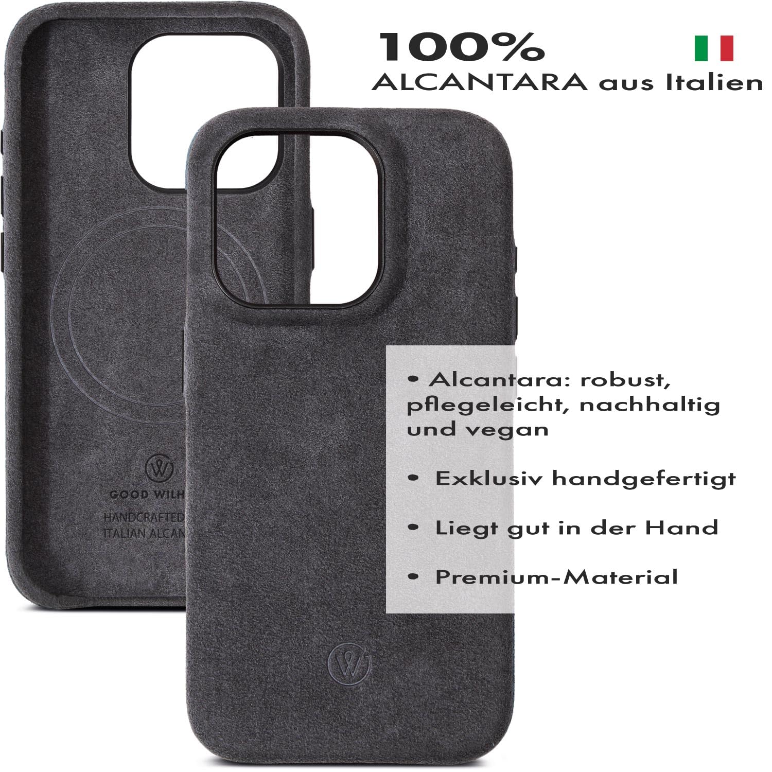 Custodia Alcantara per iPhone 15 Pro Max, realizzata a mano, ricarica magnetica (Qi), protezione extra della fotocamera, alternativa in pelle (grigio carbone, iPhone 15 Pro Max)