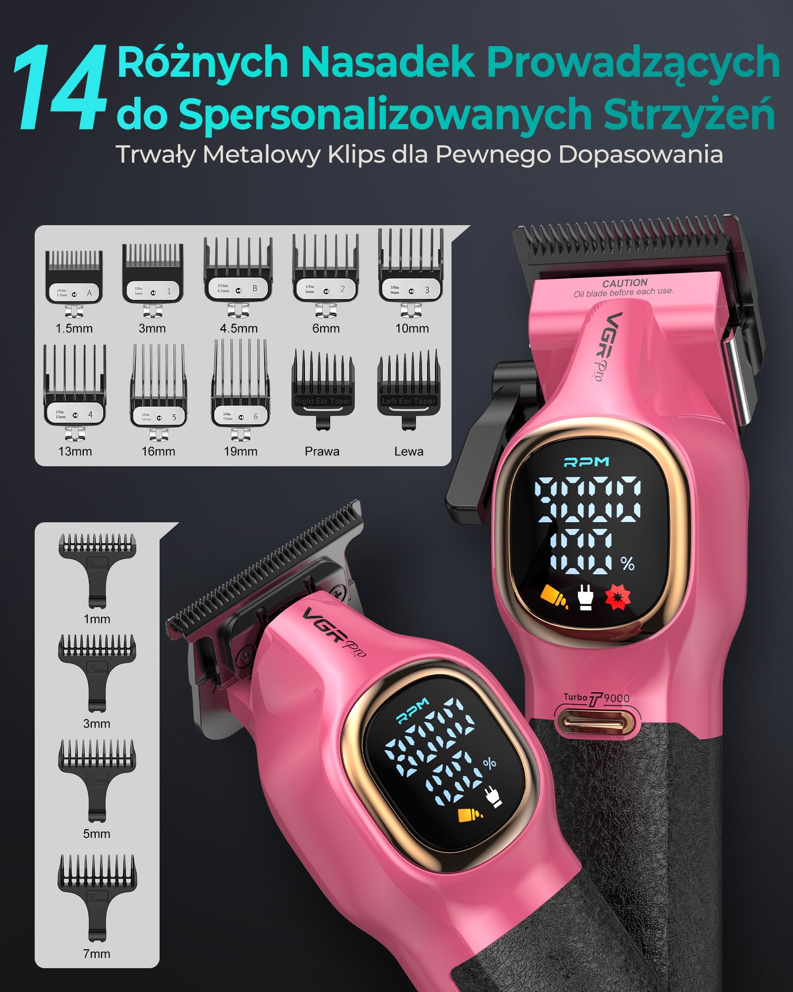 VGRPRO Profesjonalna Maszynka do Strzyżenia Włosów &Trymer,Zestaw barberski | Bezprzewodowy, elektryczna Zestaw Maszynka do Strzyżenia i Trymer, z etui, 9000 RPM,14 nasadki, Ekran LCD, Stacja ładująca
