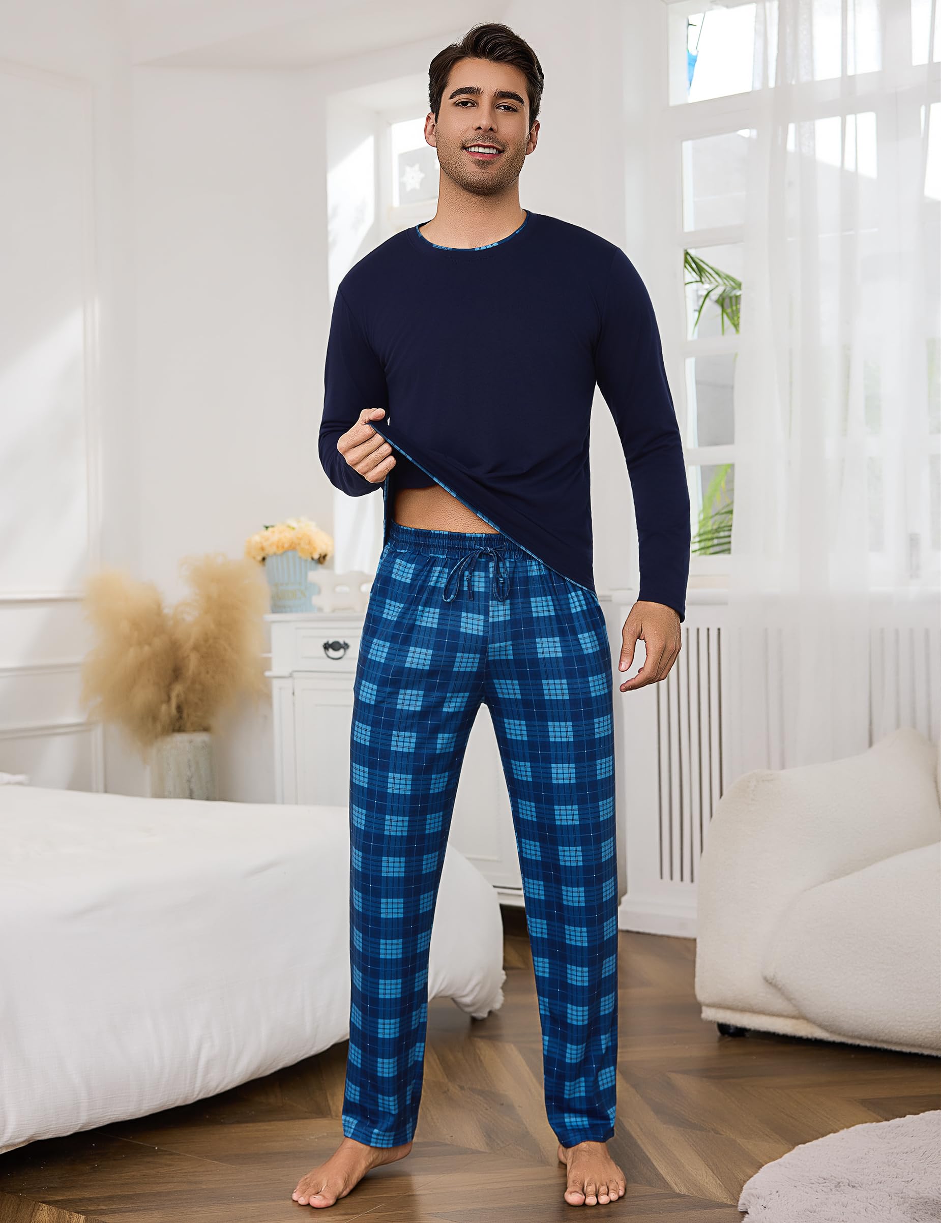 Litherday Pigiama Uomo Invernale Cotone Lungo Pajamas Due Pezzi Maniche Lunghe Pantaloni Lunghi Pigiami Morbido Loungewear con Tasche