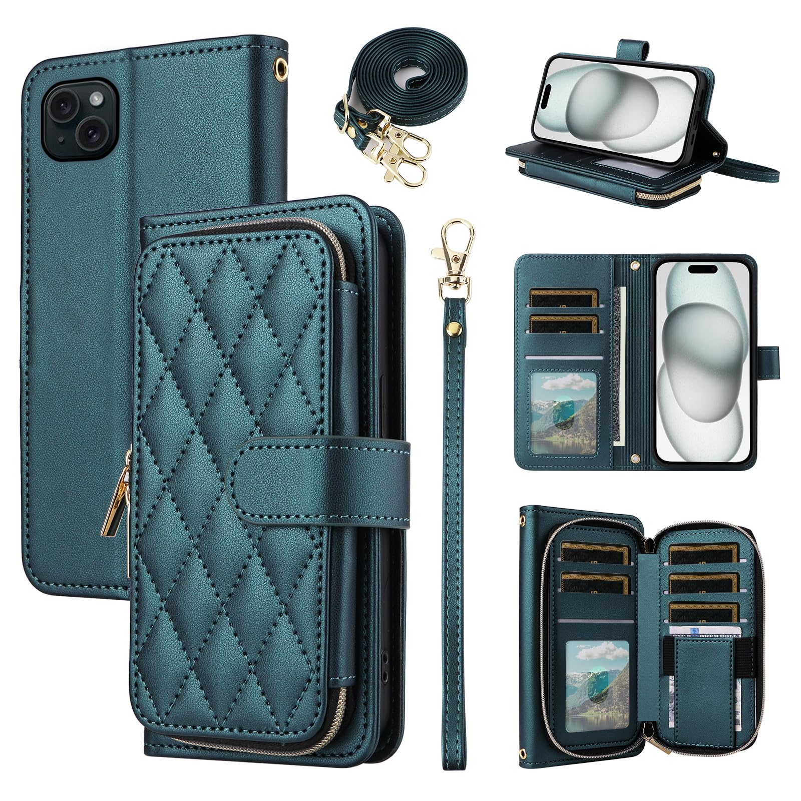 Furiet Argyle Wallet Case for iPhone 13 6.1 inch with Wrist Strap Shoulder Strap Flip Zipper Purse, 9+ Card Slot Stand Checkered Cell Phone Cover for