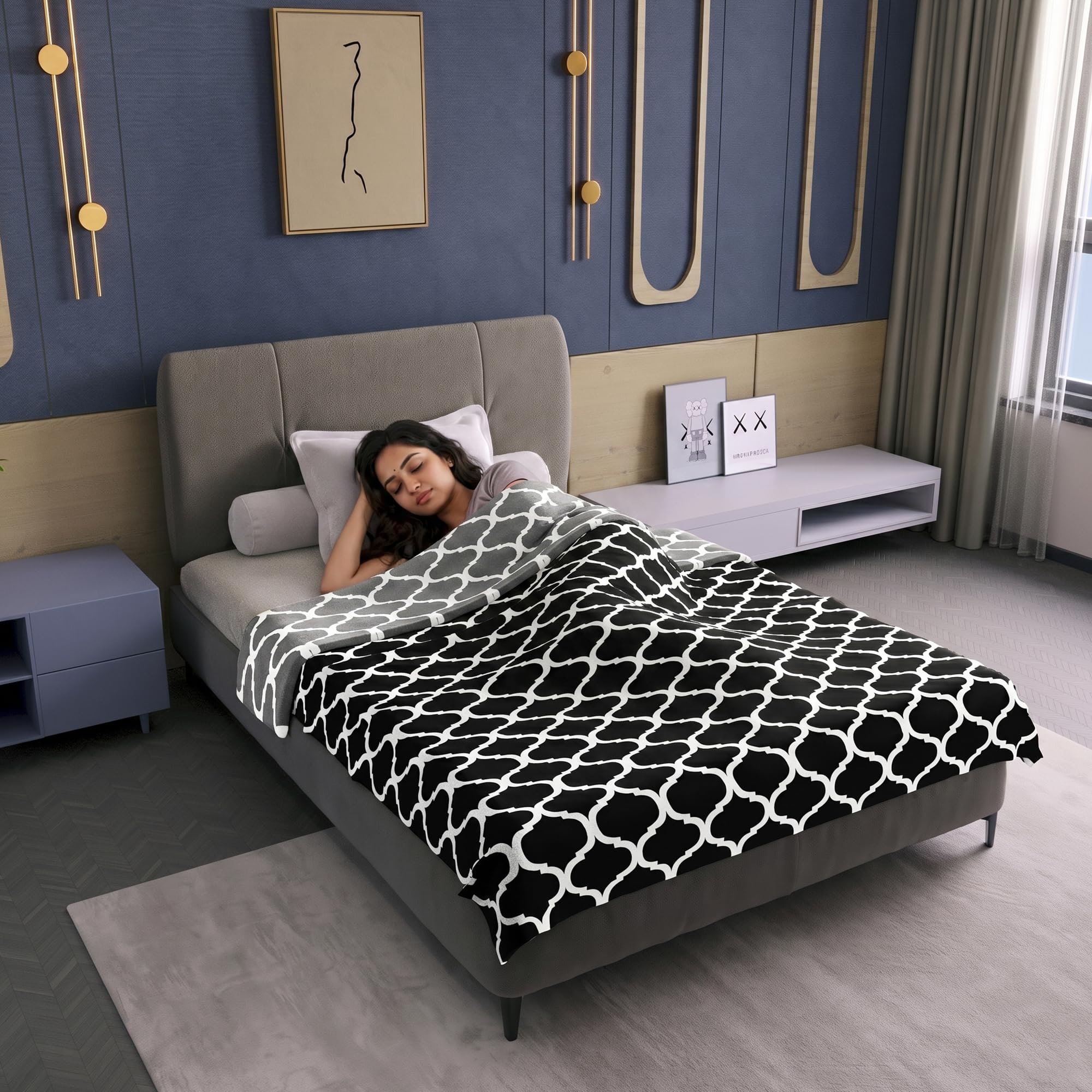 Divine Casa 120 GSM Microfiber Single Dohar | Soft & Lightweight Throw Blanket | Cozy & Breathable | All-Season Comfort | 210 x 140 CM | Moroccan Pattern | Caviar 2