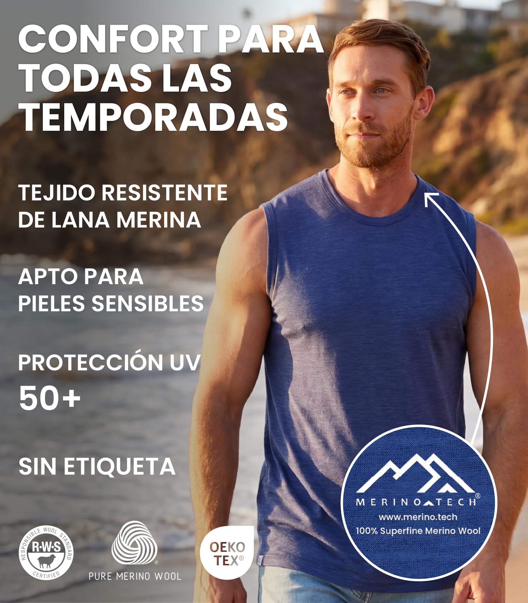 Merino.tech Camiseta Sin Mangas Merino Activa - 100% Lana Merino | Absorbe la humedad, altamente transpirable, de secado rápido, suave y ligera