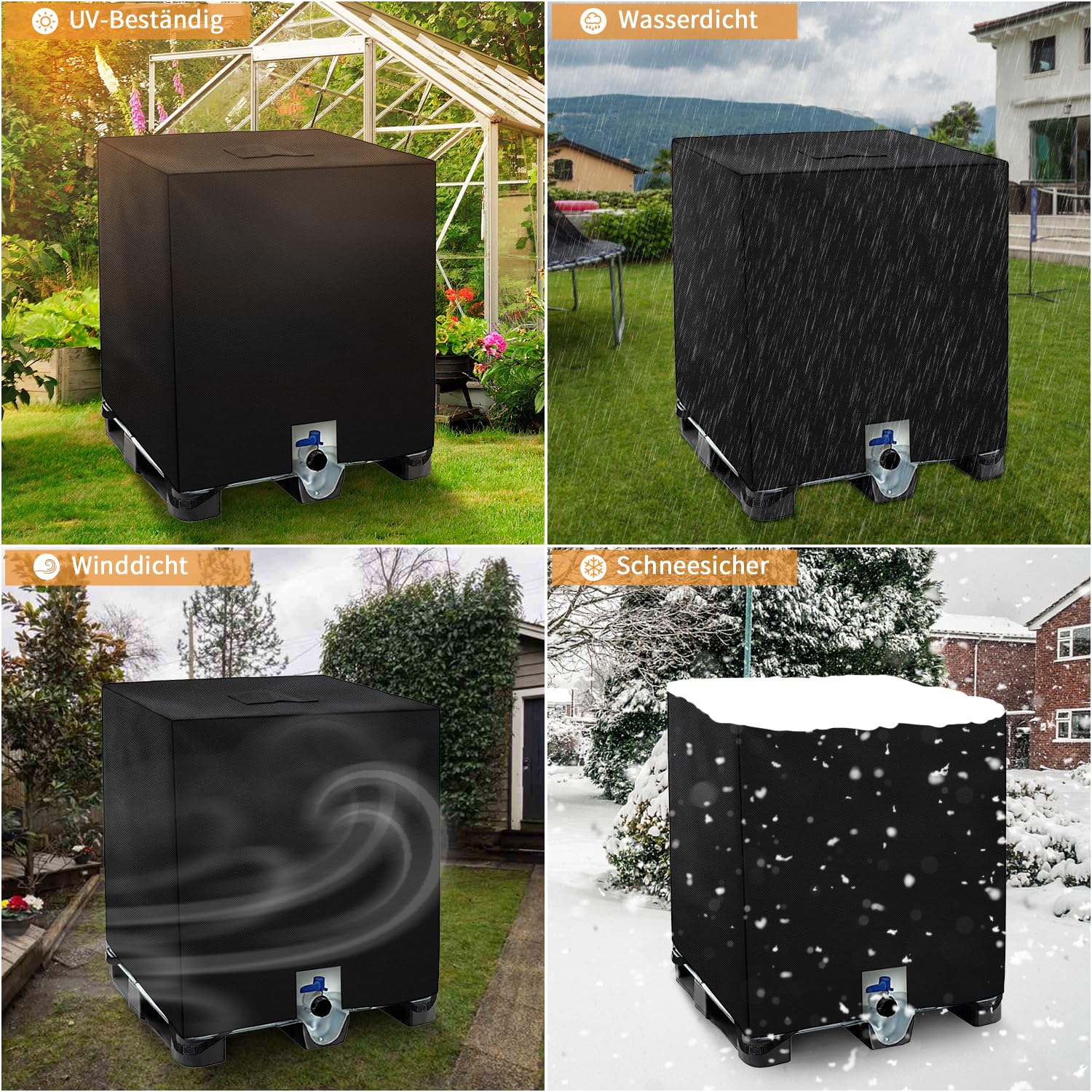 Dokon IBC Tank Abdeckung 1000L, IBC Container Abdeckplane Wasserdicht Winddicht UV-Beständiges Robustes Oxford-Gewebe Schutzhülle für Wassertank, Regenwassertank (120x100x116cm) - Schwarz