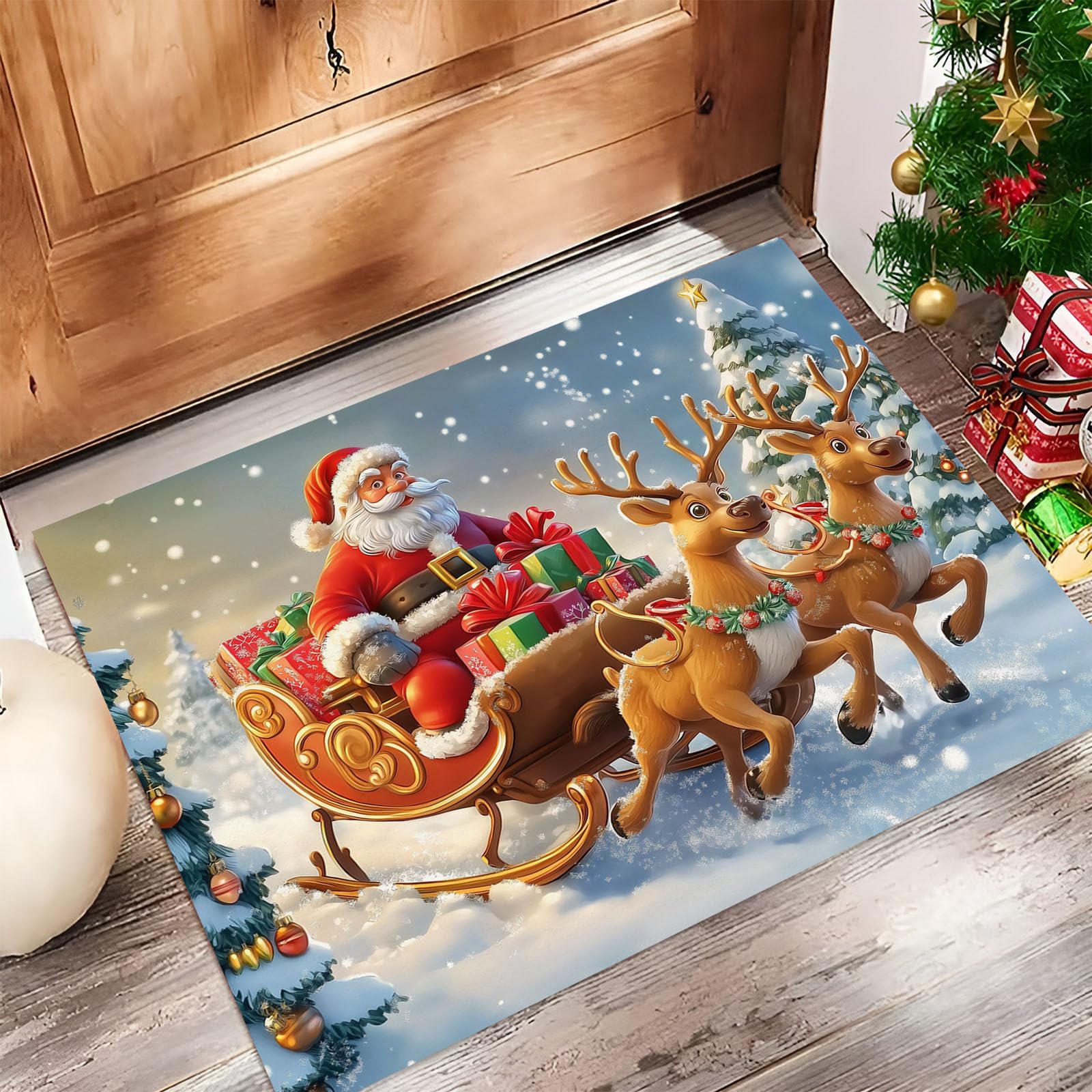 Felpudo de Interior 90x150cm, Diseño de Papá Noel Renos, Lavable Antideslizante, Alfombrilla Navidad Paisaje Plegable de Pelo Corto para Entrada, Alfombra Fácil de Limpiar, Azul Claro