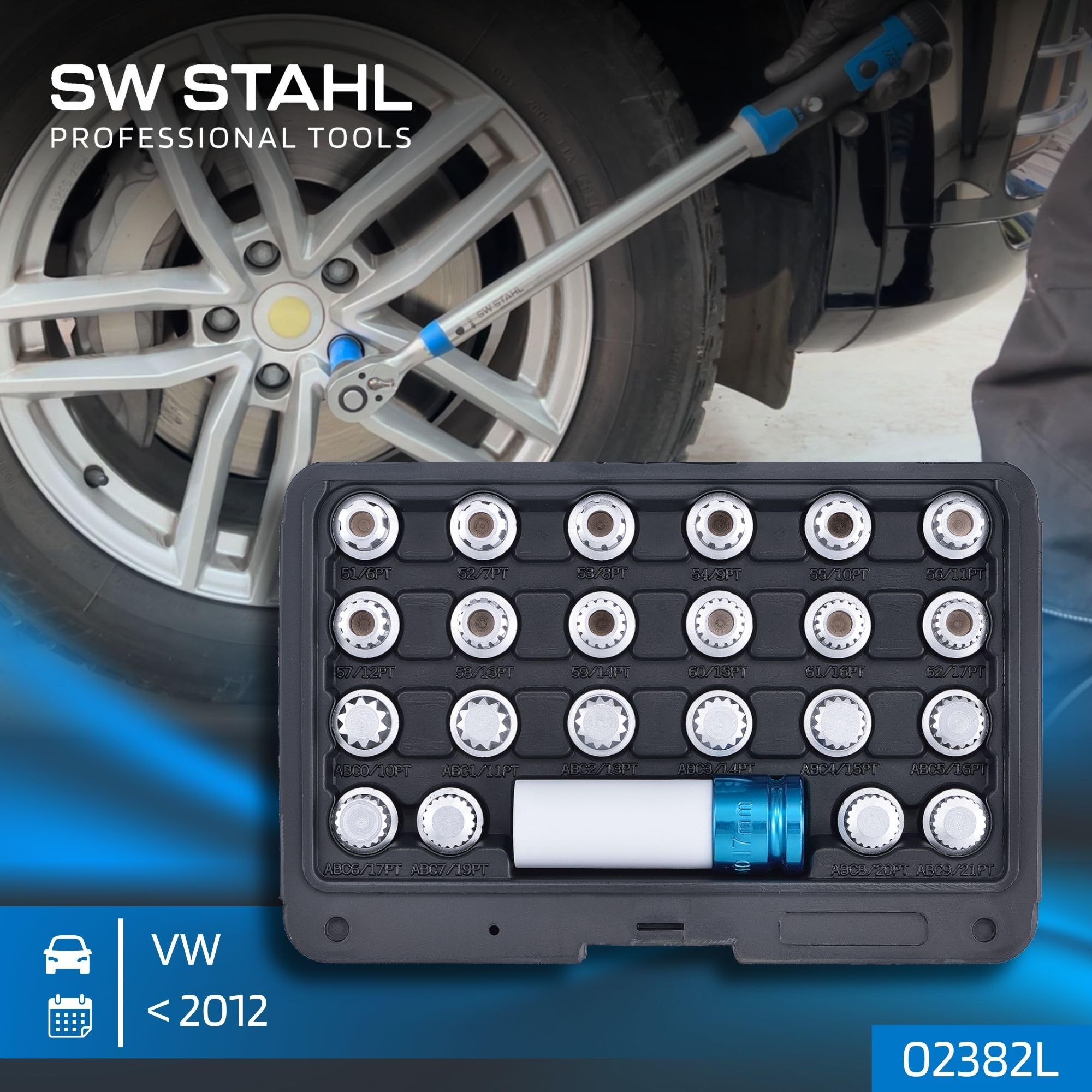 SW Stahl Kit Rimozione Bulloni Antifurto, Set Chiavi per VW, 23 Pezzi | Chiave sostitutiva per bloccaggi cerchi originali fino al 2012, attacco 1/2 pollice, include valigetta premium