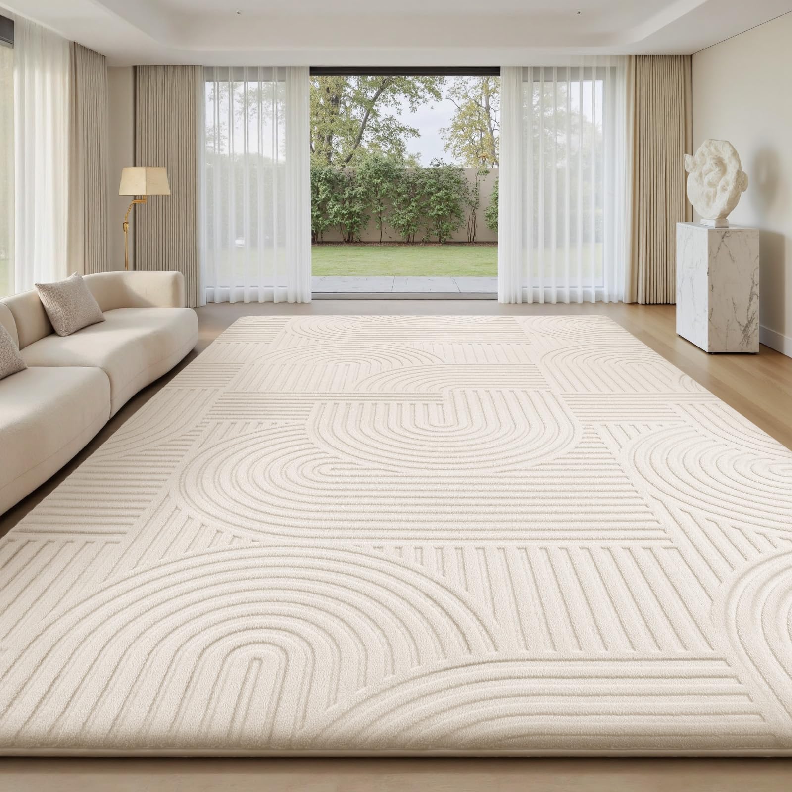 Treeboy Kurzflor Teppich Wohnzimmer， Teppich Groß Schwarz,3D Halbkreismuster Carpet,Flur Waschbarer Anti-Rutsch Grau beige Boho Teppich Teppichen Rugs für Schlafzimmer Kinderzimmer