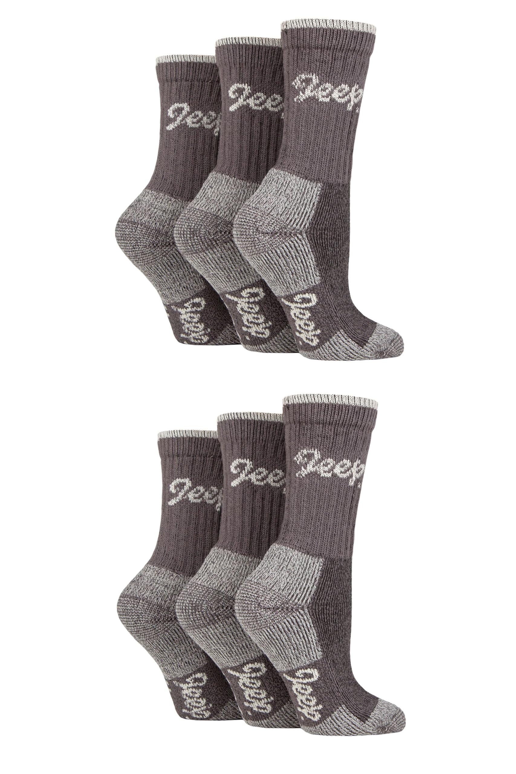 Jeep Womens Cotton Boot Socks - Luxury Terrain Calf Length Plain with Logo,Ribbed, Cushioned & Chunky for Walking, Hiking, Trekking & the Outdoors Size 4-8 6 Pair Multipack Slate