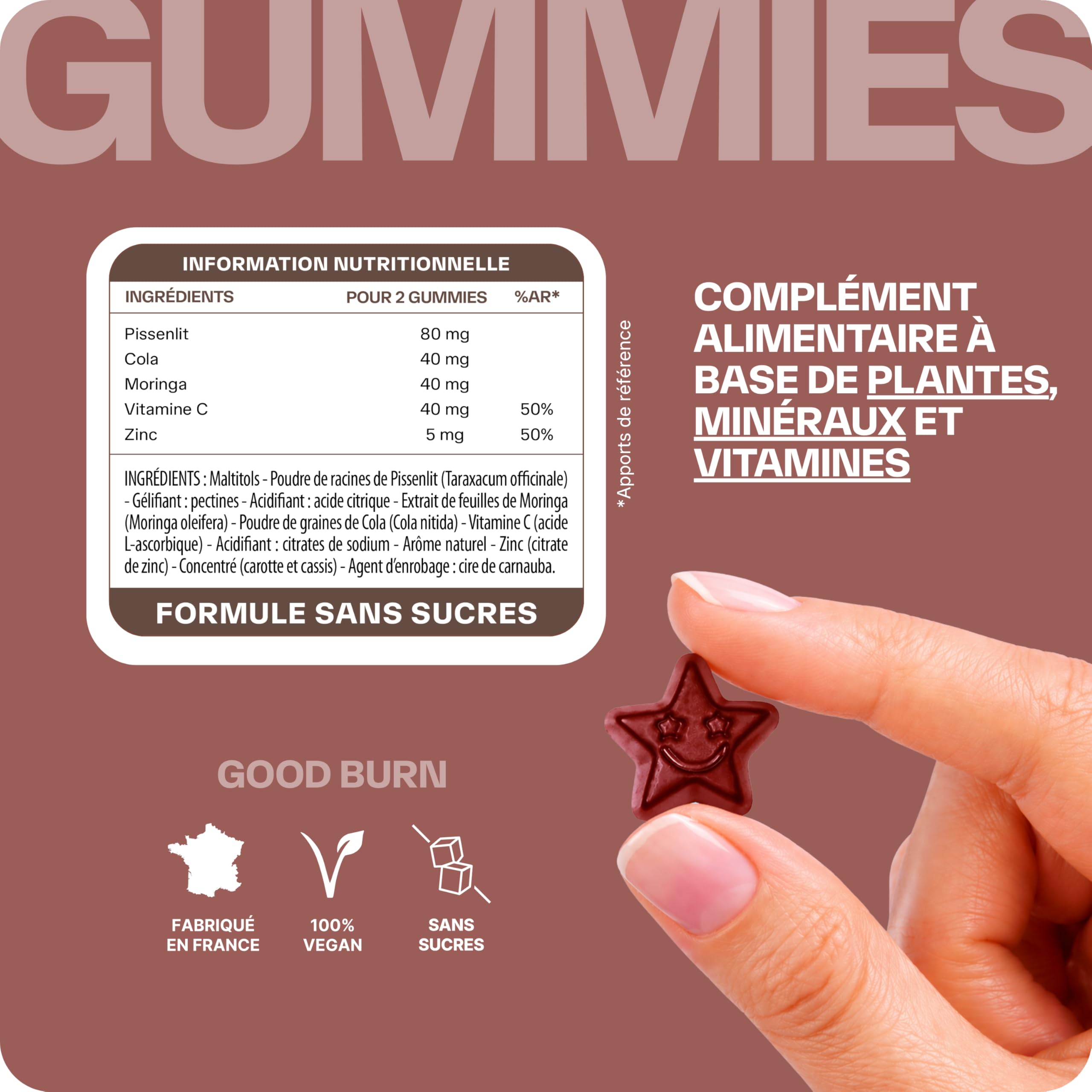 Lashilé Beauty - Gummies Brûle Graisses - Combustion des Graisses et perte de poid puissant - Good Burn - Complément alimentaire Minceur - Cola, Pissenlit, Moringa - Cure 1 Mois - 60 Gummies
